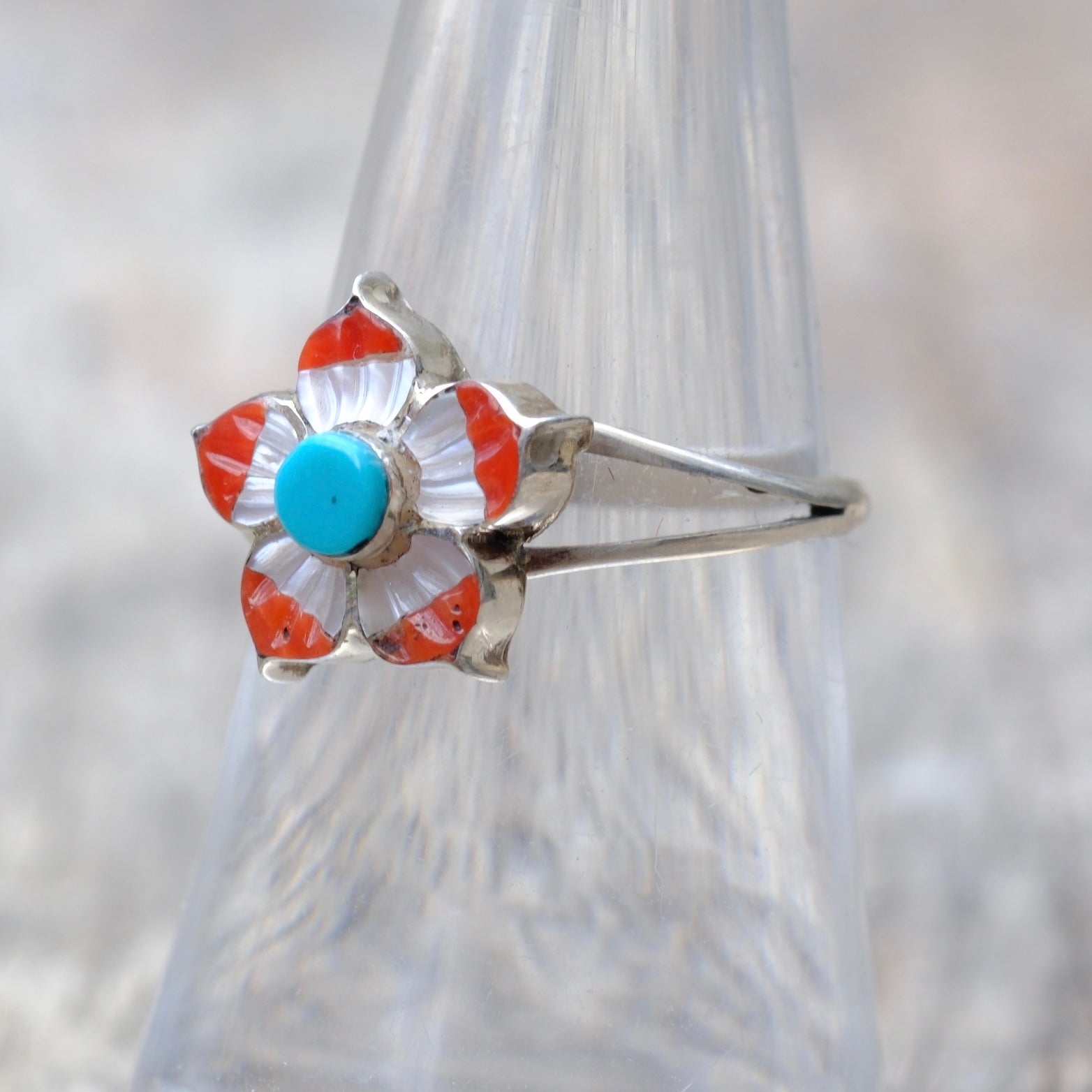 Vintage Sterling Silver Multistone Inlay Flower Ring 6.75