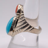 Vintage Sterling Turquoise and Coral Feather Ring 9.25