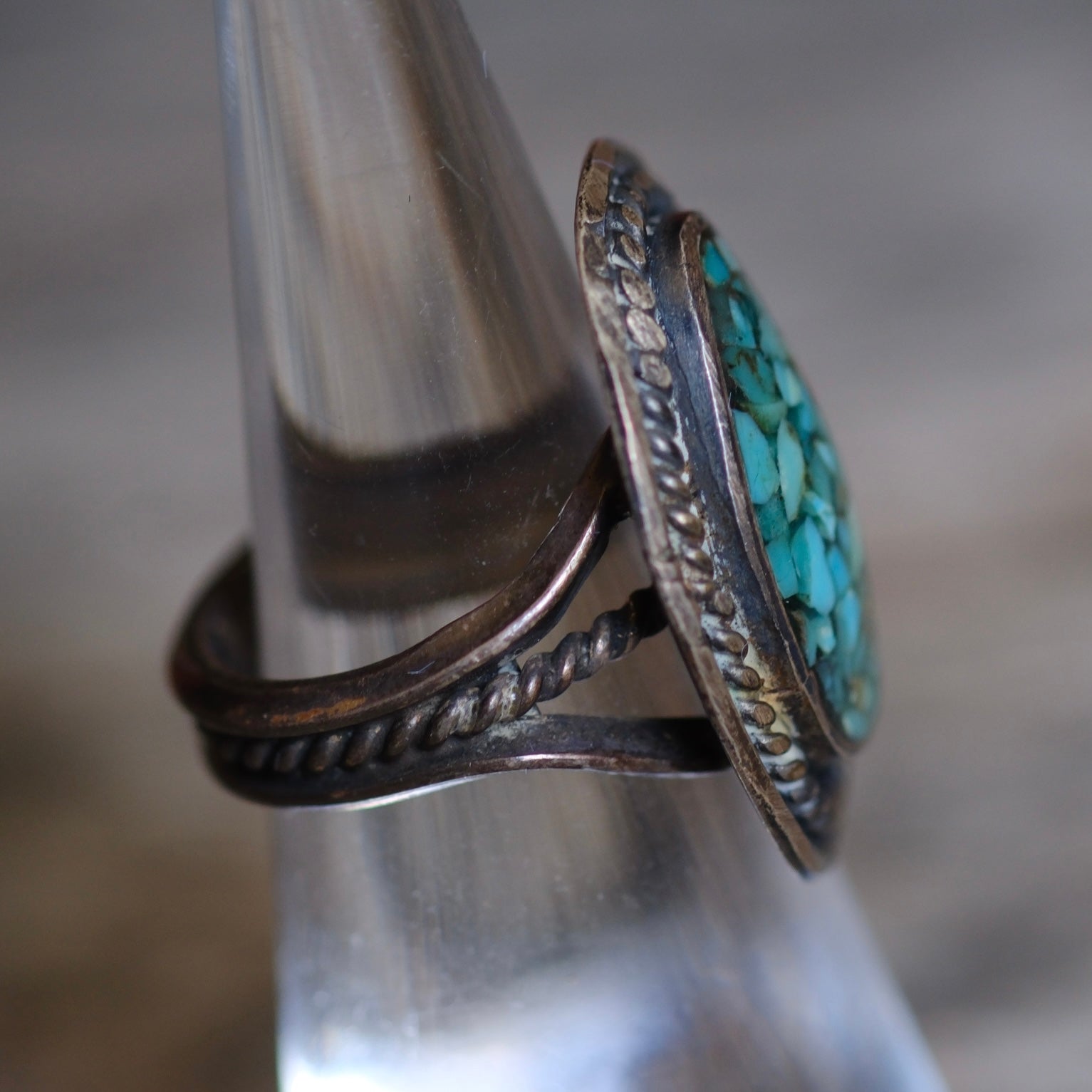 Vintage Sterling Turquoise Chip Inlay Roper Ring 4