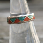 Vintage Sterling Crushed Turquoise and Coral Inlay Band 6.5