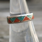 Vintage Sterling Crushed Turquoise and Coral Inlay Band 6.5