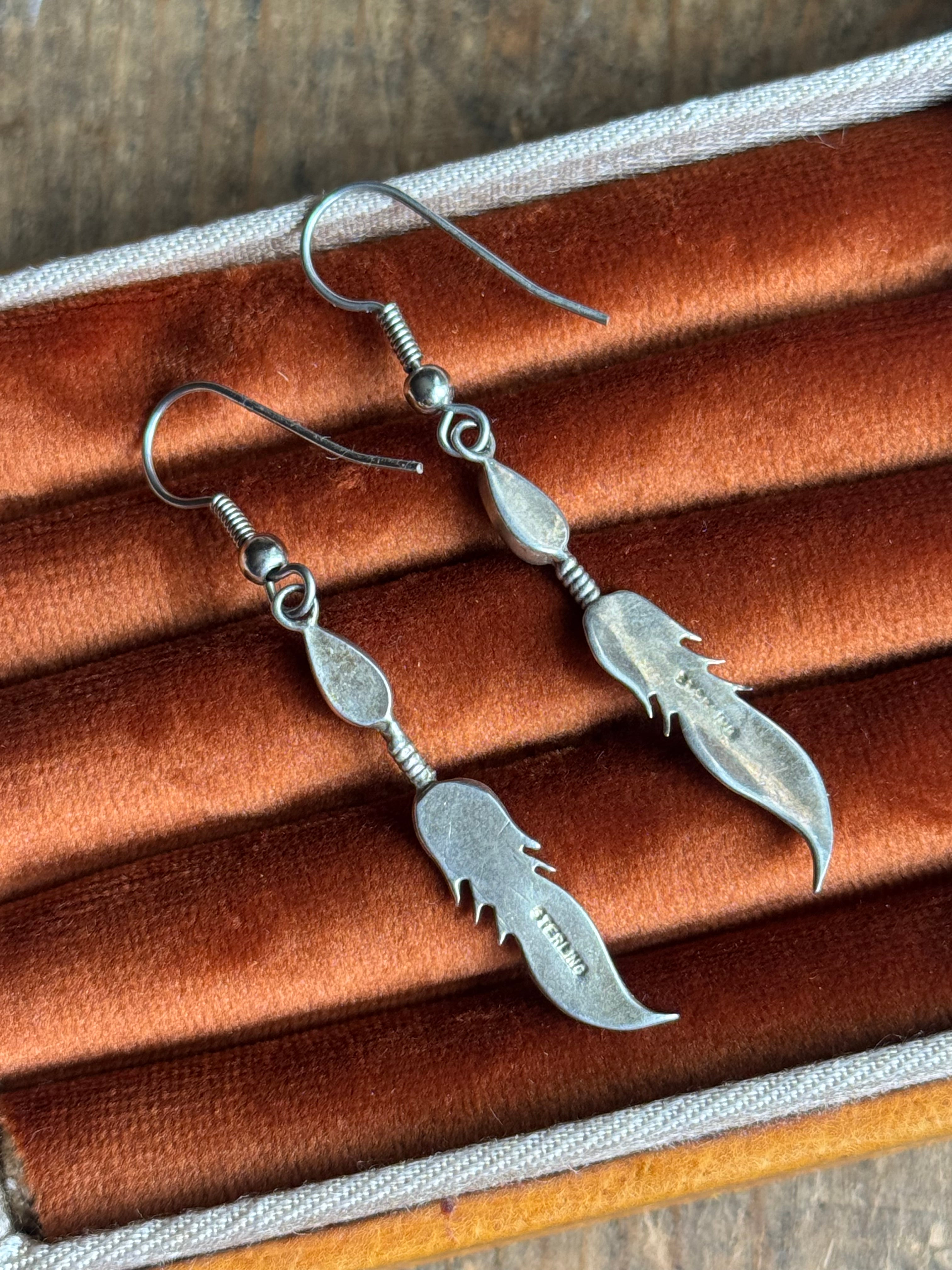 Vintage Sterling Silver Turquoise Feather Earrings