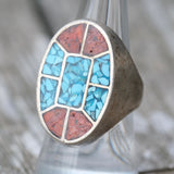 Vintage Sterling Turquoise and Coral Inlay Ring 8.25