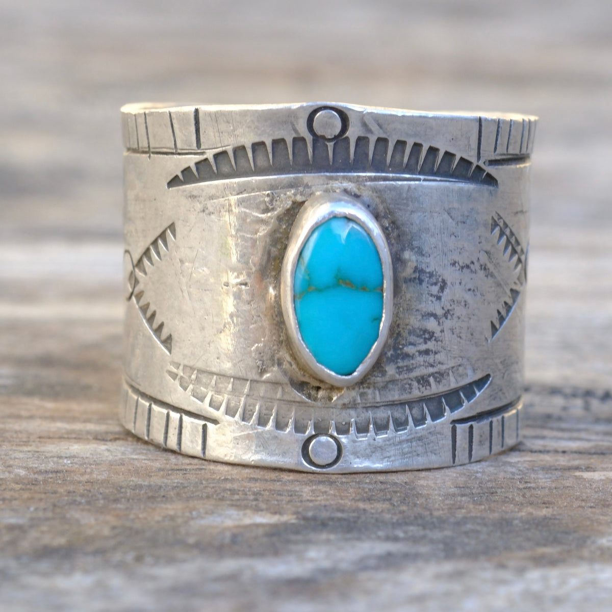 Sterling Silver Lone Mountain Turquoise Stamped Ring 10.5