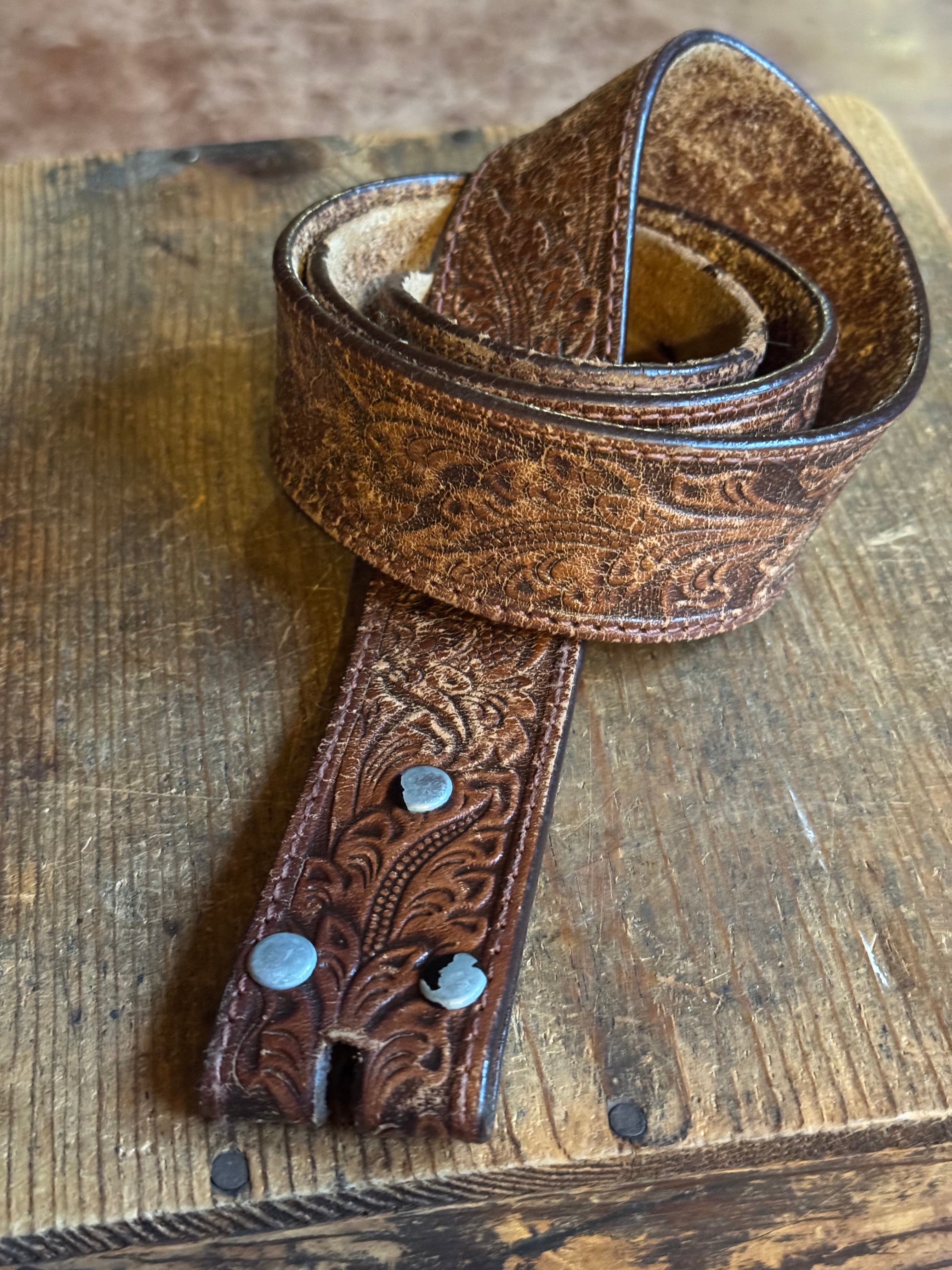 Vintage Cognac Leaf Tooled Leather Belt