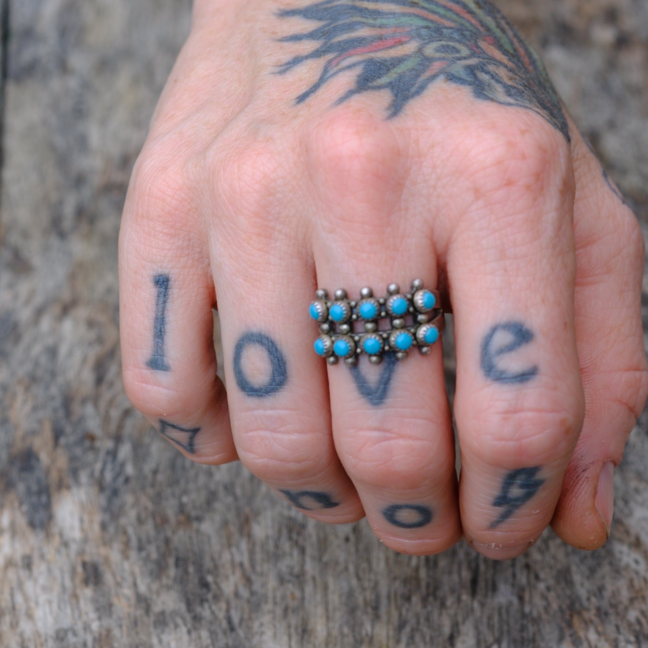 Vintage Sterling Snake Eye Turquoise Double Row Ring 7.75