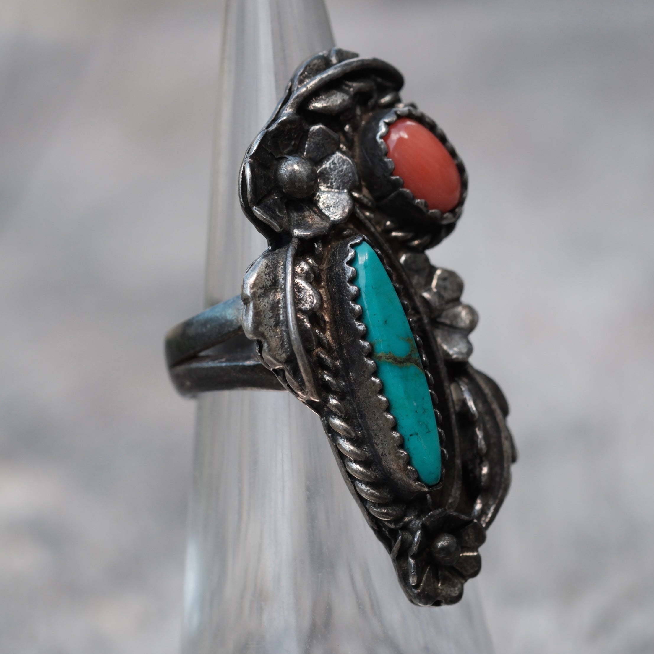 Vintage Sterling Turquoise and Coral Feather Ring 4