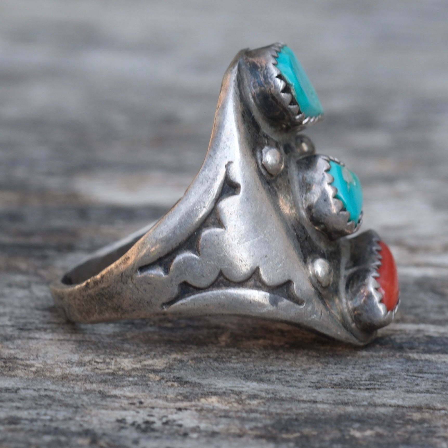Vintage Sterling Turquoise and Coral Ring 10.25