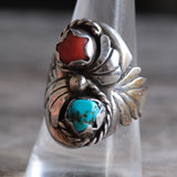 Vintage Sterling Turquoise and Coral Feather Ring 9.75