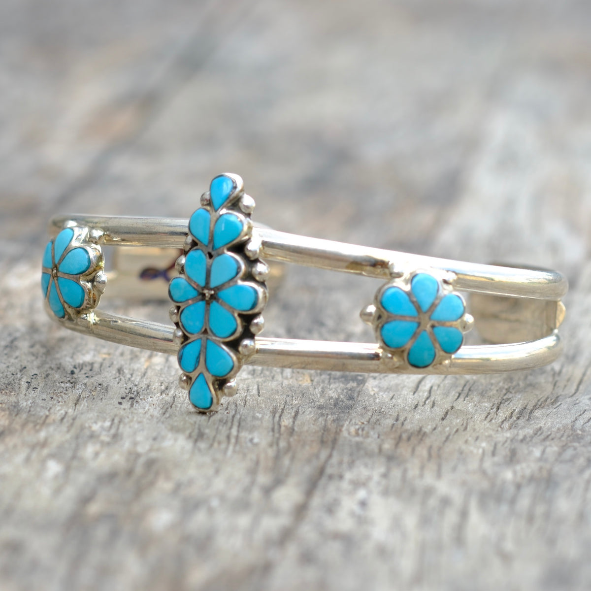 Vintage Sterling Turquoise Inlay Flower Cuff Bracelet