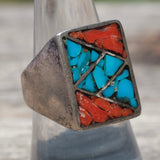 Vintage Sterling Turquoise and Coral Inlay Ring 8