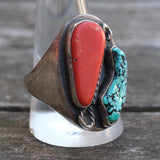 Chunky Vintage Sterling Turquoise and Coral Ring 11.75