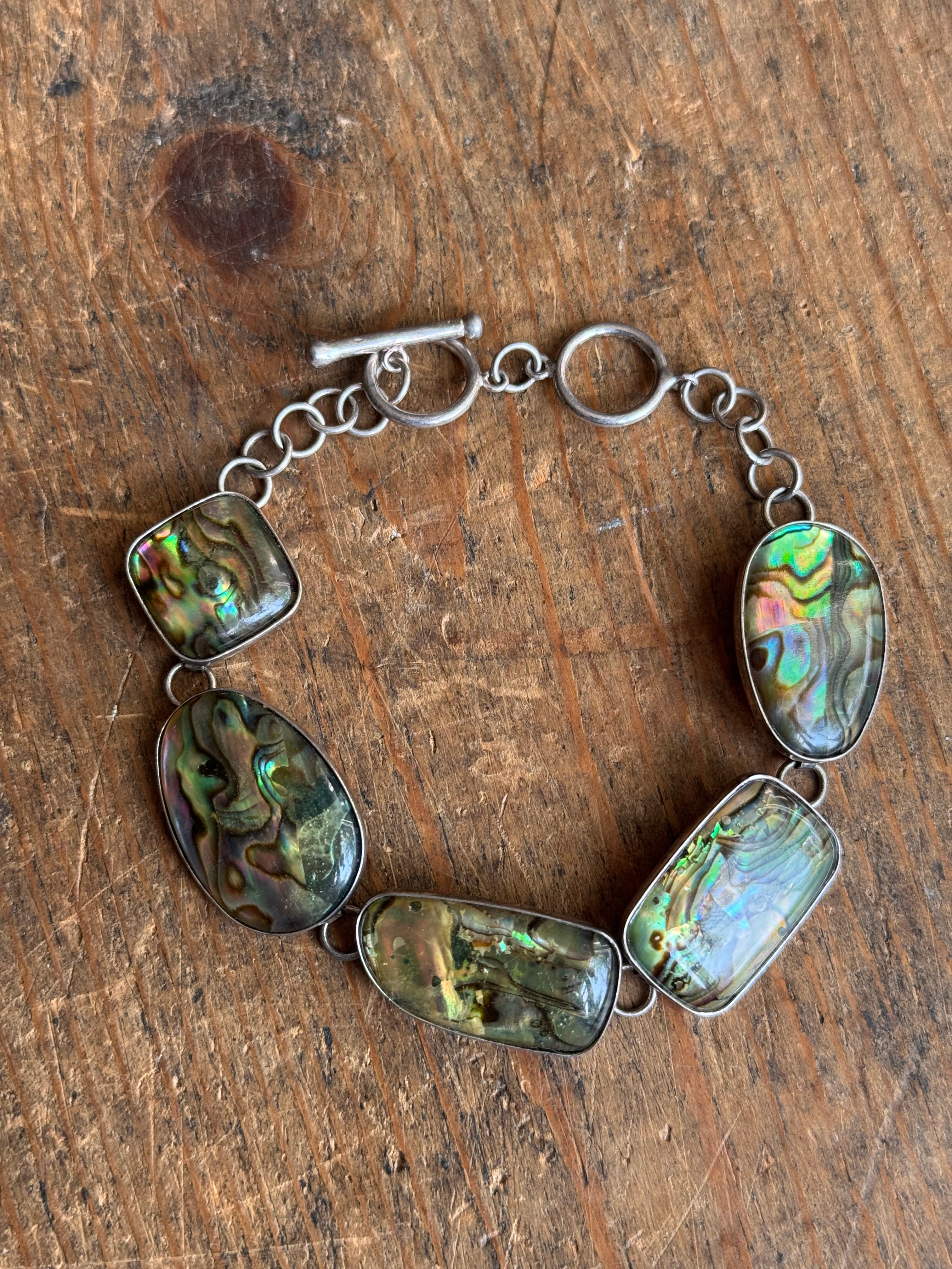 Vintage Sterling Silver 8” Abalone Link Toggle Bracelet