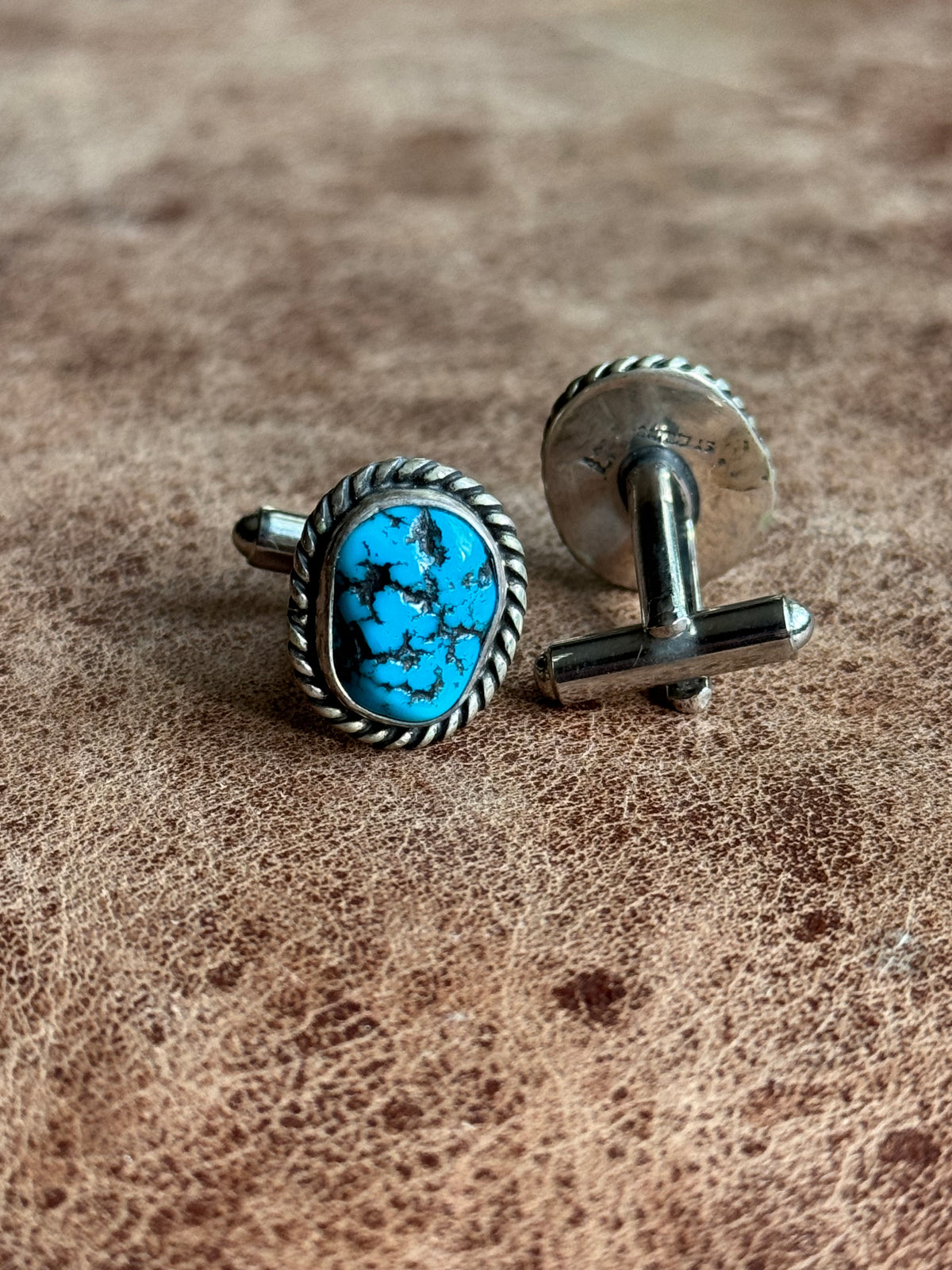 Vintage Sterling Silver Roped Turquoise Cufflinks