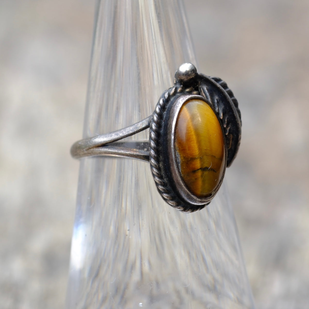 Vintage Sterling Tigers Eye Feather Ring 5.25