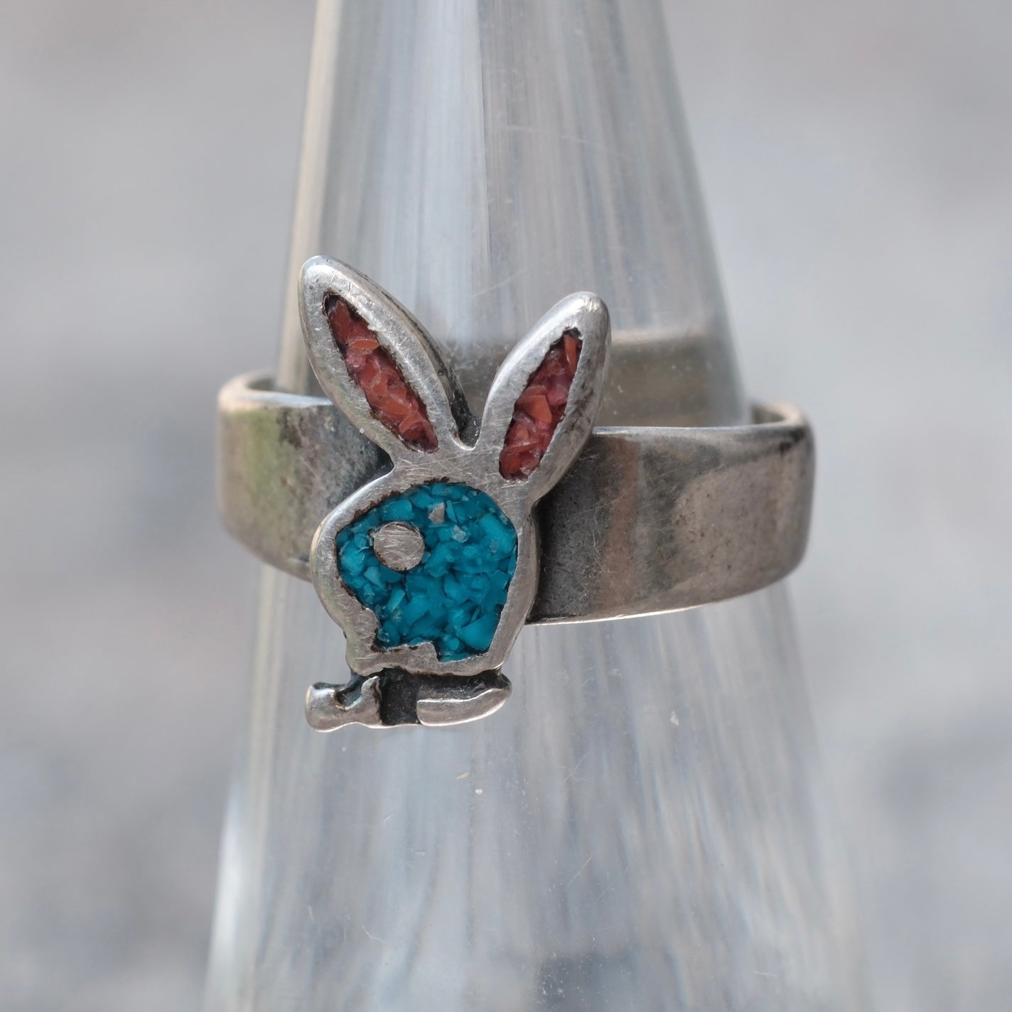 Vintage Sterling Turquoise and Coral Playboy Band Ring 5.5