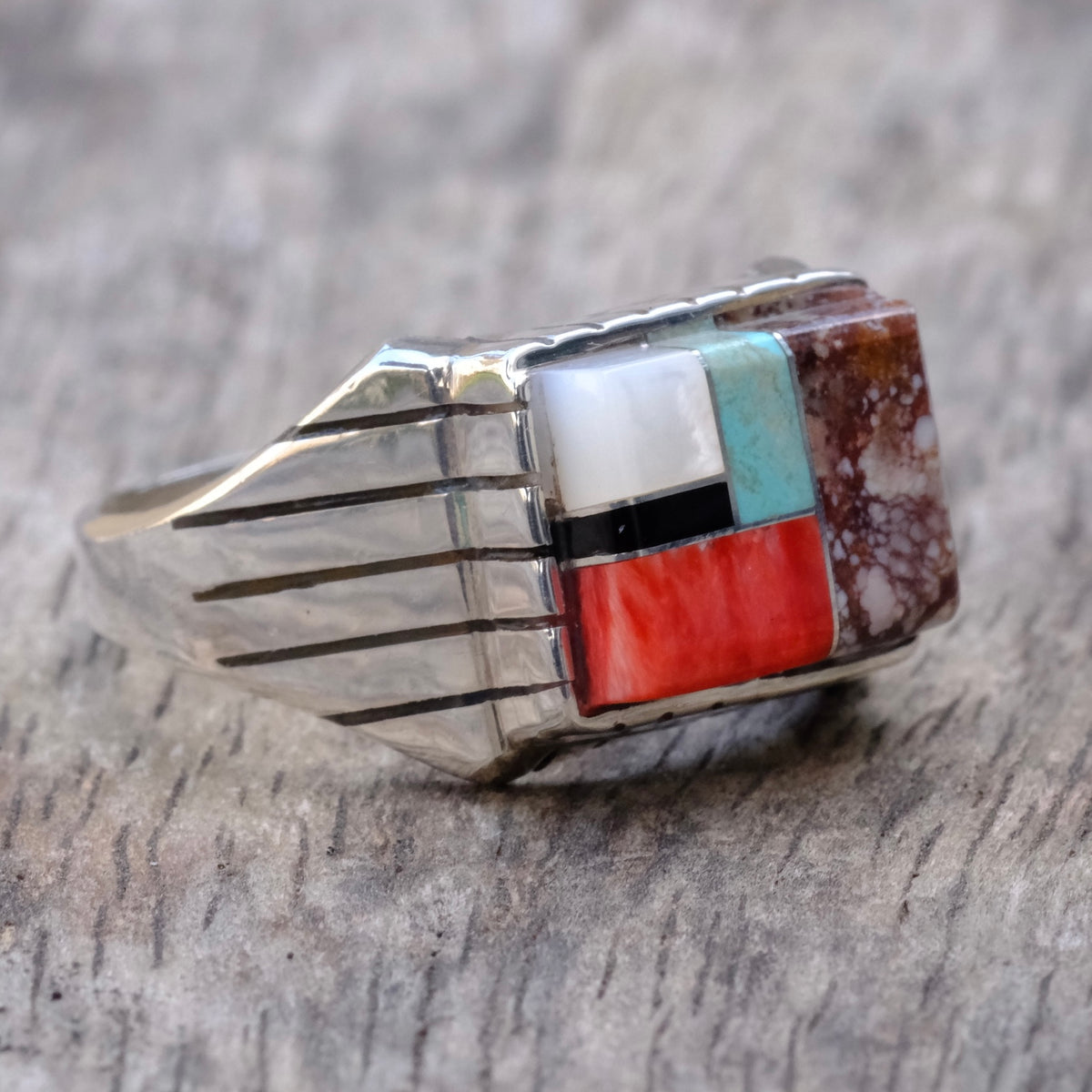 Vintage Sterling Multistone Inlay Ring 13