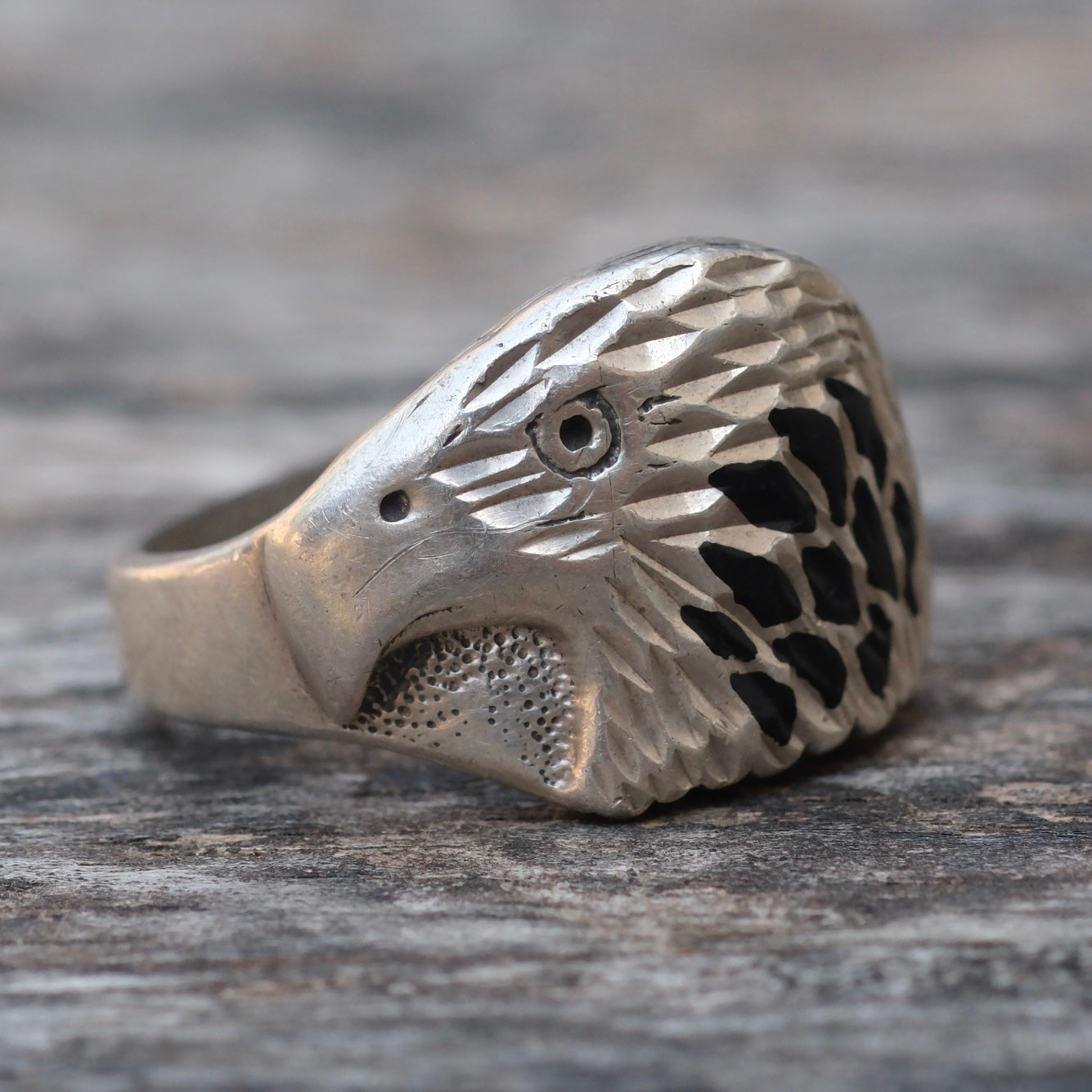Vintage Sterling Onyx Inlya Eagle Ring 9.25