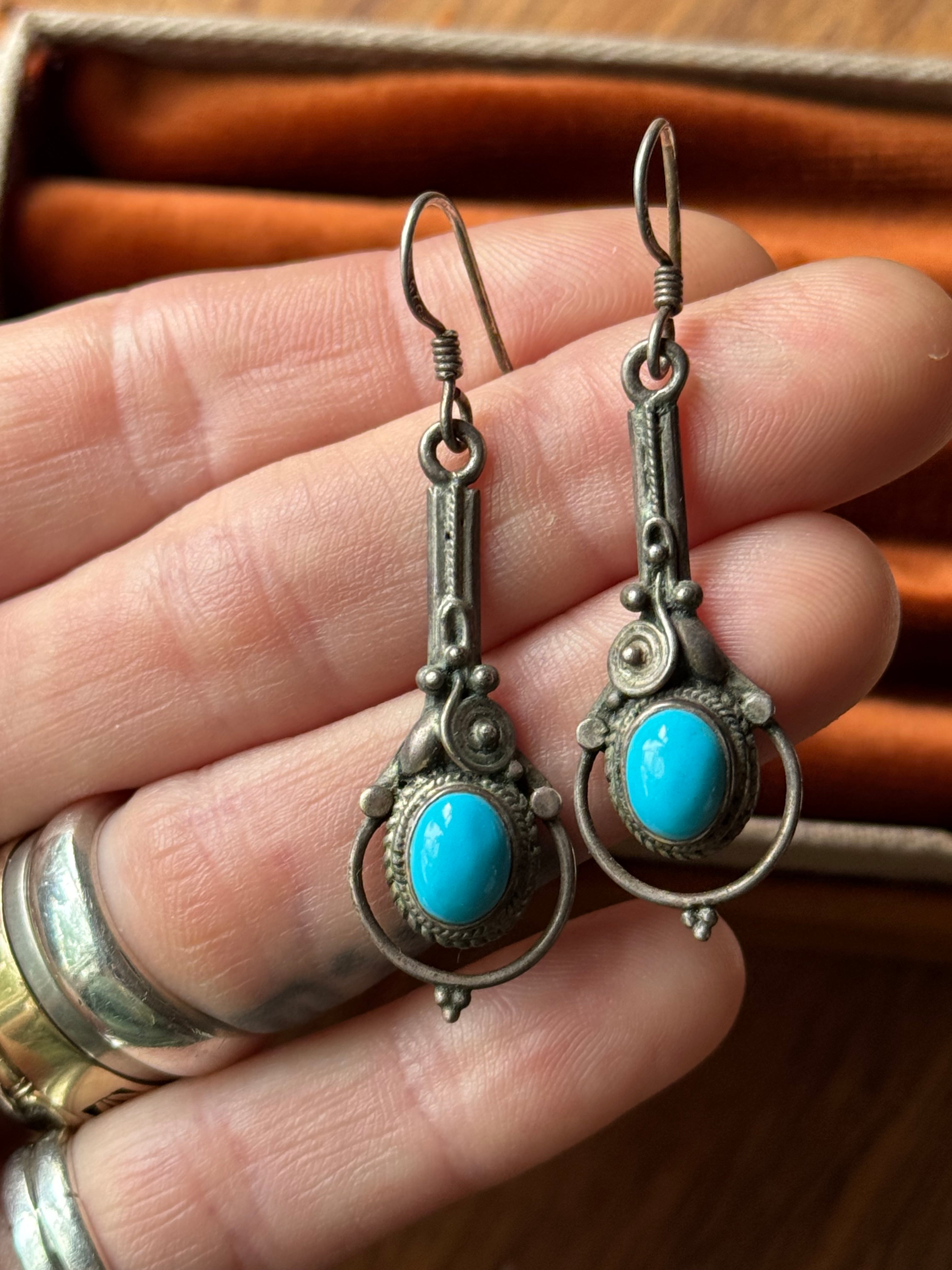 Vintage Sterling Silver Turquoise Filigree Earrings