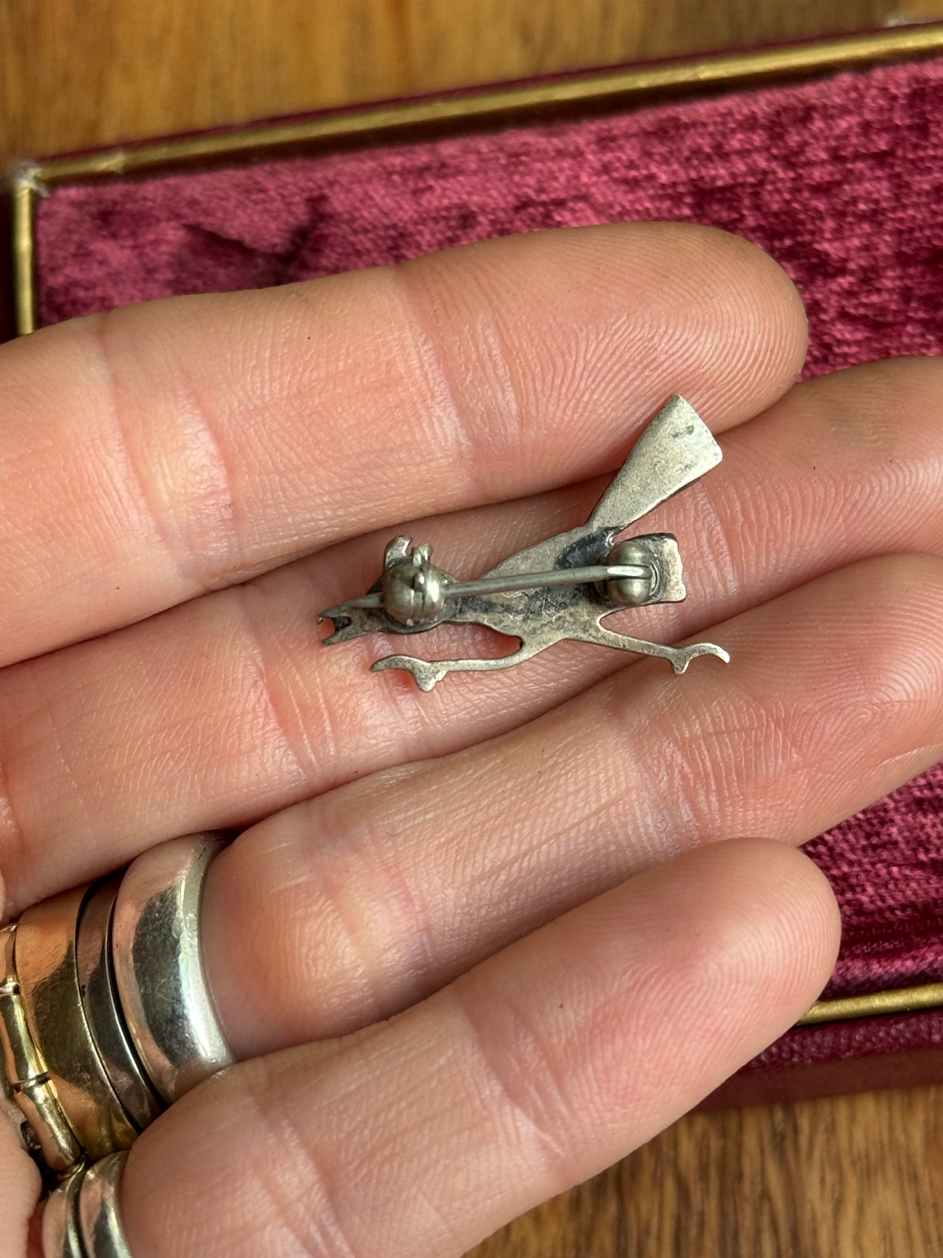 Vintage Sterling Silver Turquoise Inlay Road Runner Pin
