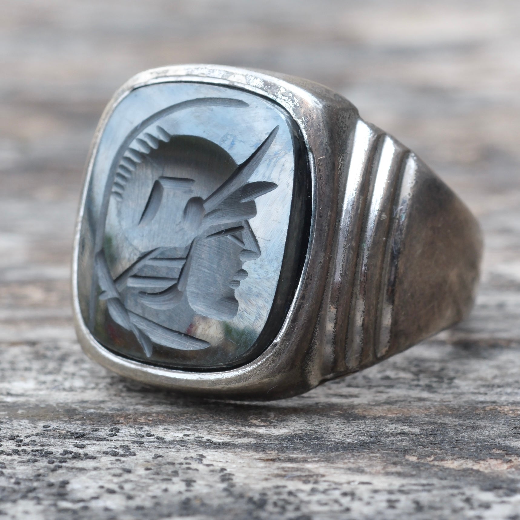Vintage Sterling Hematite Centurion Signet Ring 7.75