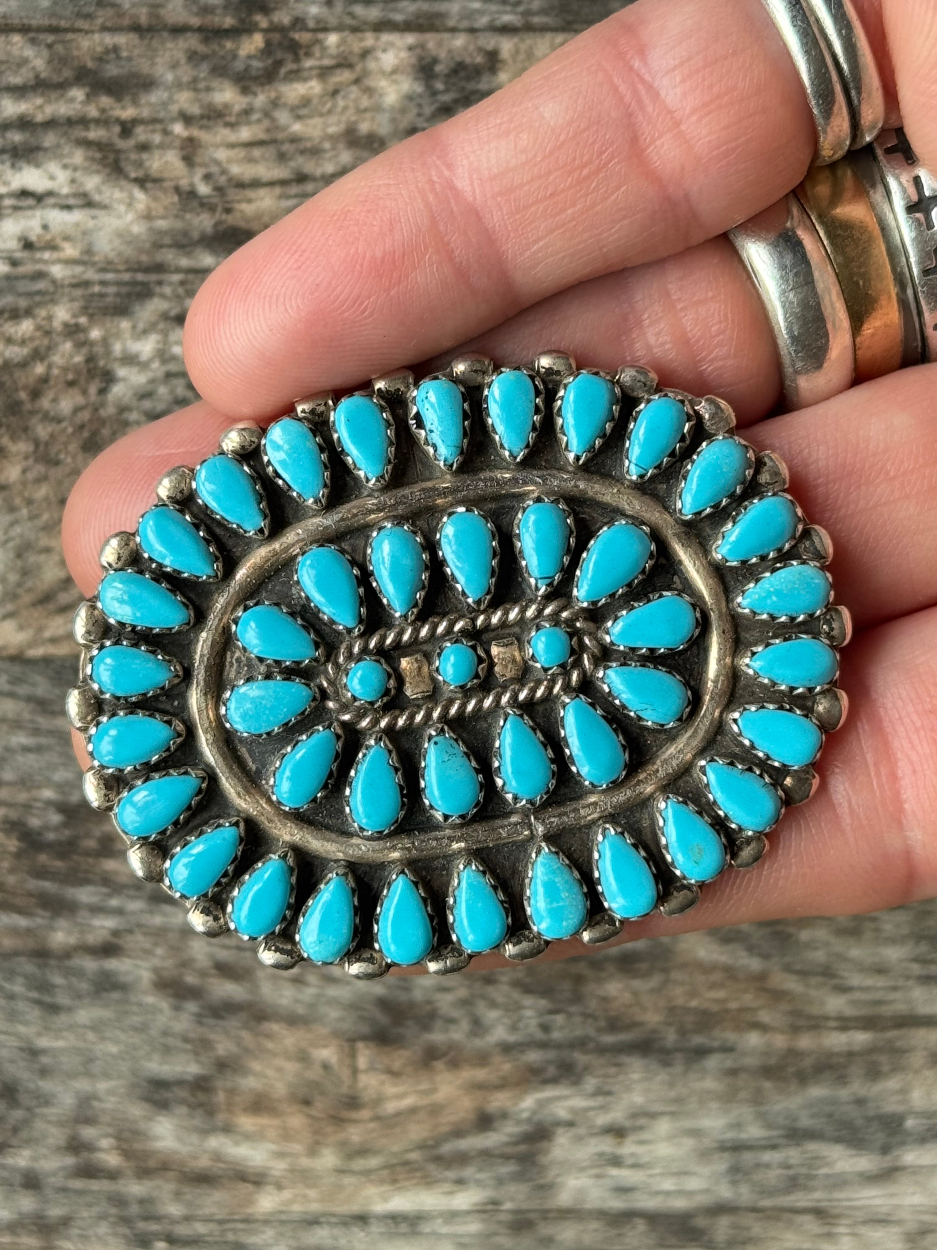 Huge Vintage Sterling Silver Turquoise Cluster Pin