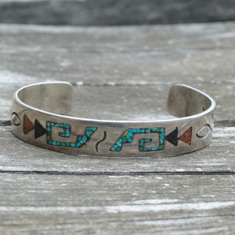 Vintage Sterling Turquoise and Coral Inlay Cuff
