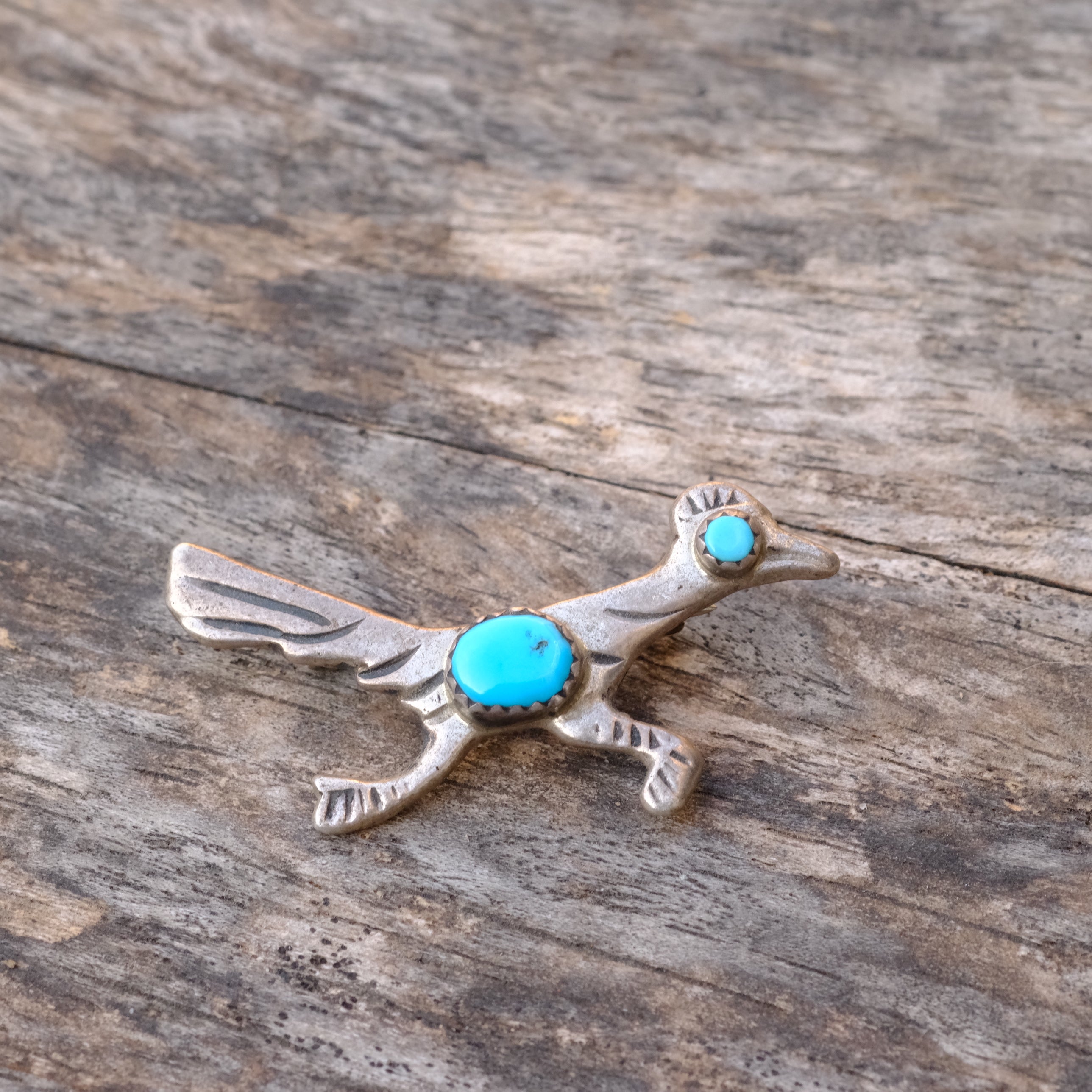 Vintage Sterling Turquoise Road Runner Pin