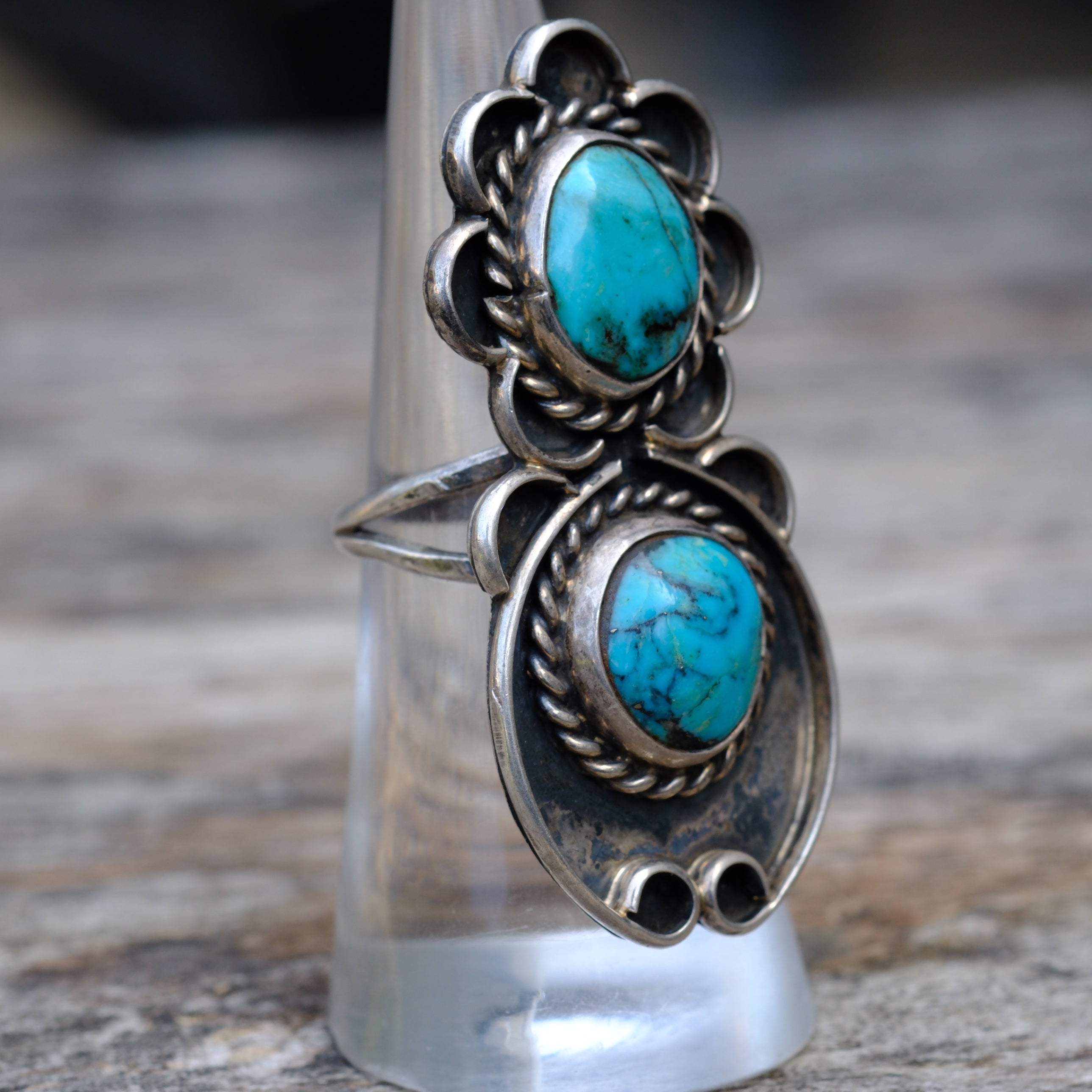 Vintage Sterling 2- Stone Turquoise Ring 6.25