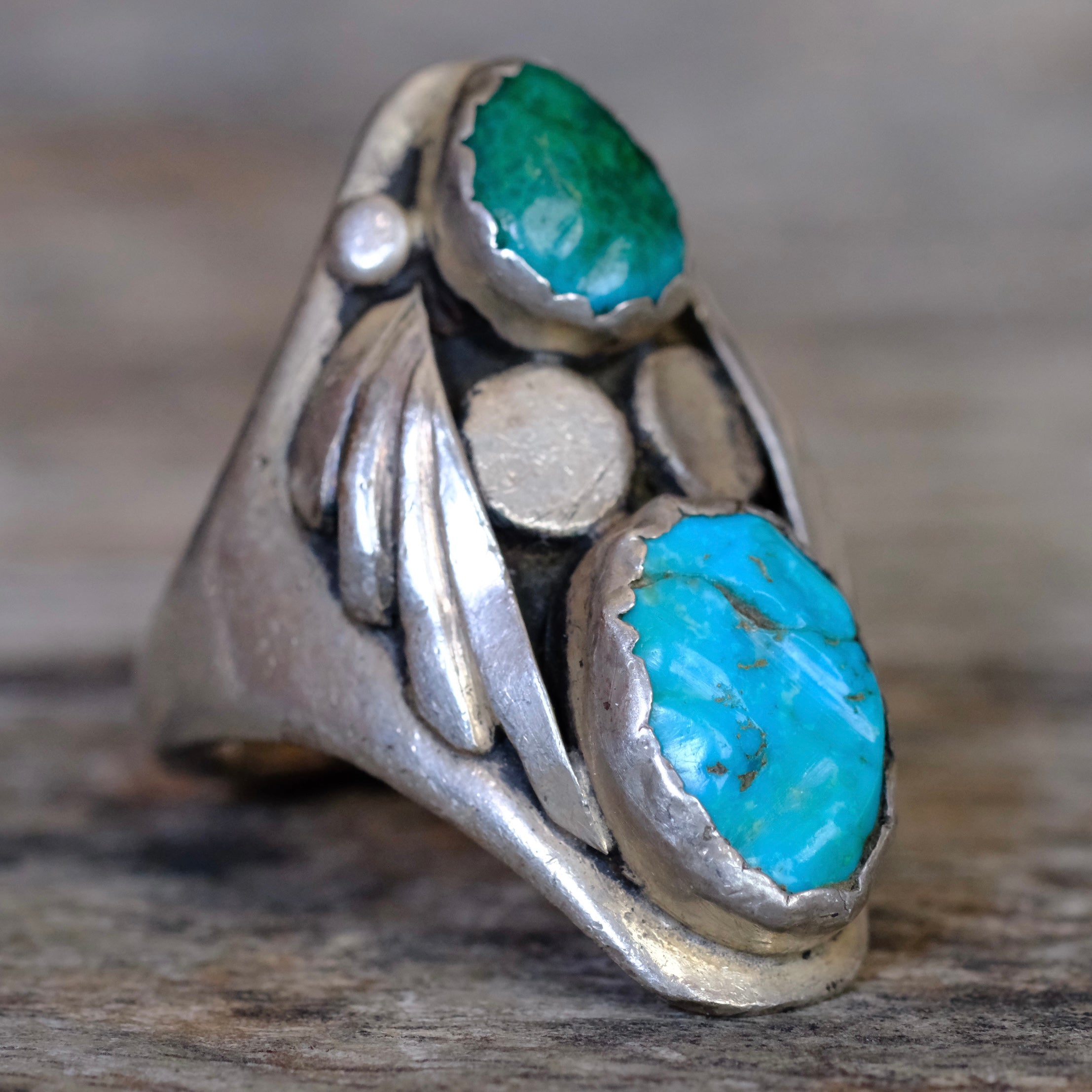 Vintage Sterling 2-Stone Turquoise Ring 8.75