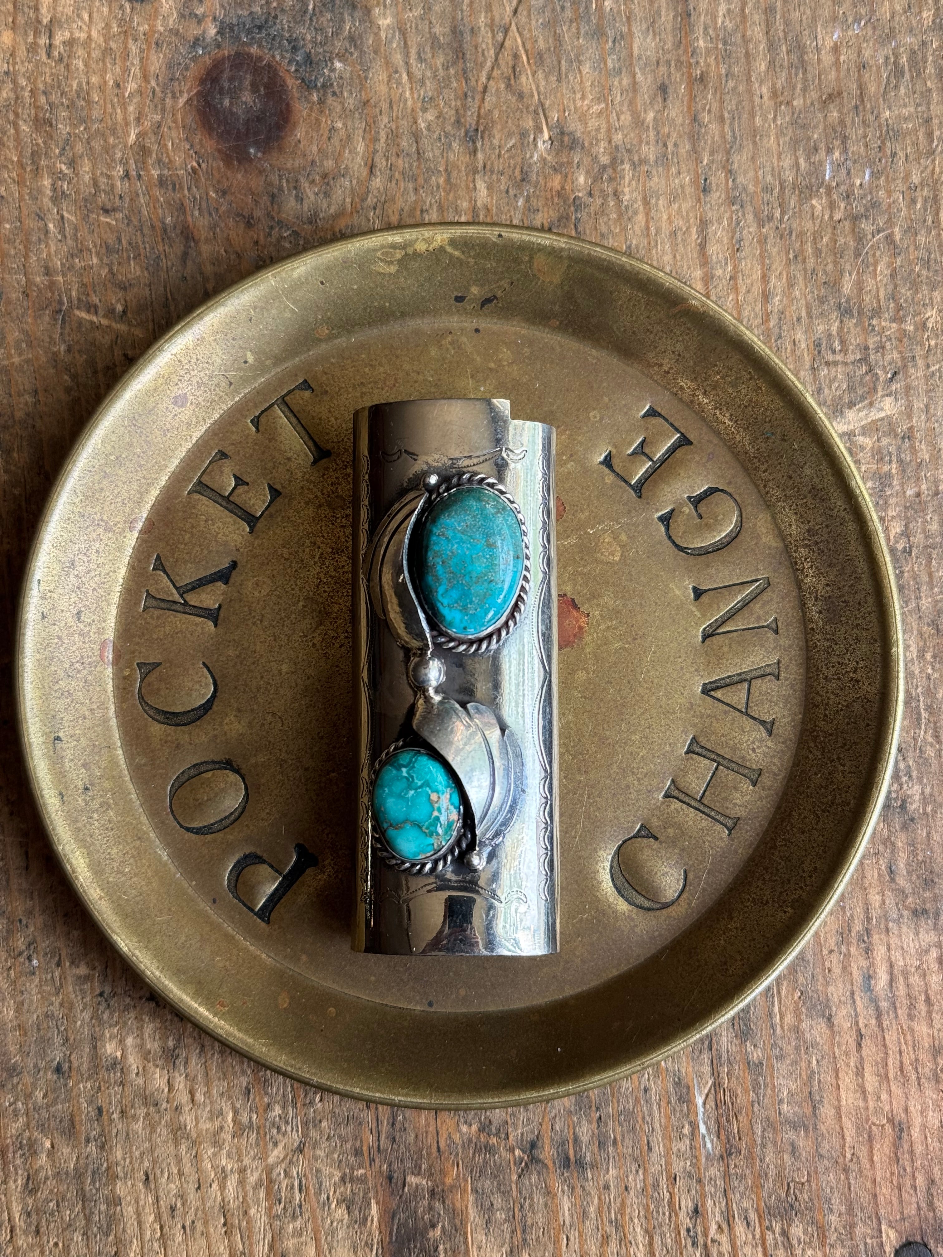 Vintage Stamped Nickel & Sterling Silver Turquoise Lighter Case