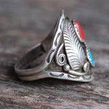 vintage Sterling Turquoise and Coral Feather Ring 12