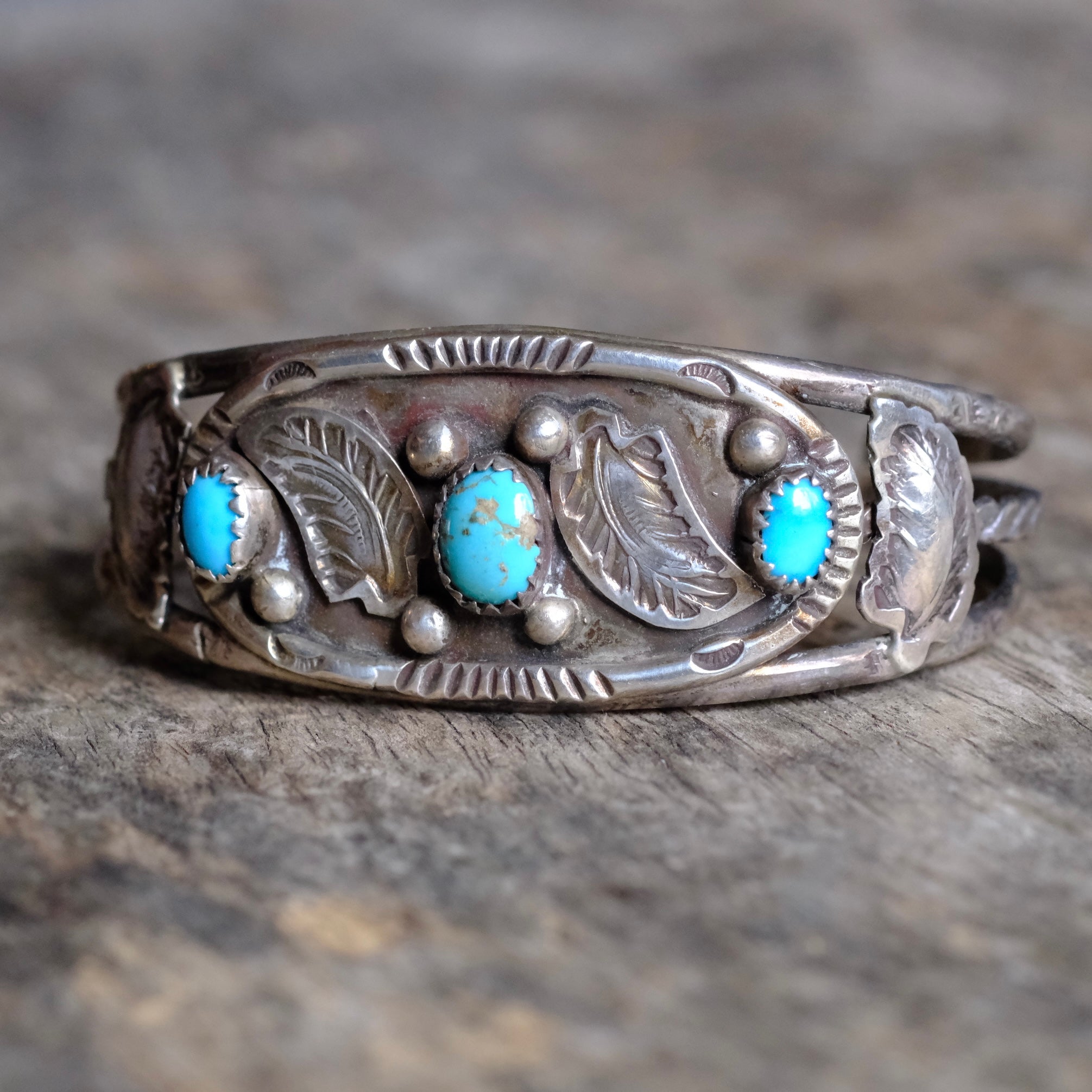 Vintage Sterling 3-Stone Turquoise Feather Cuff Bracelet