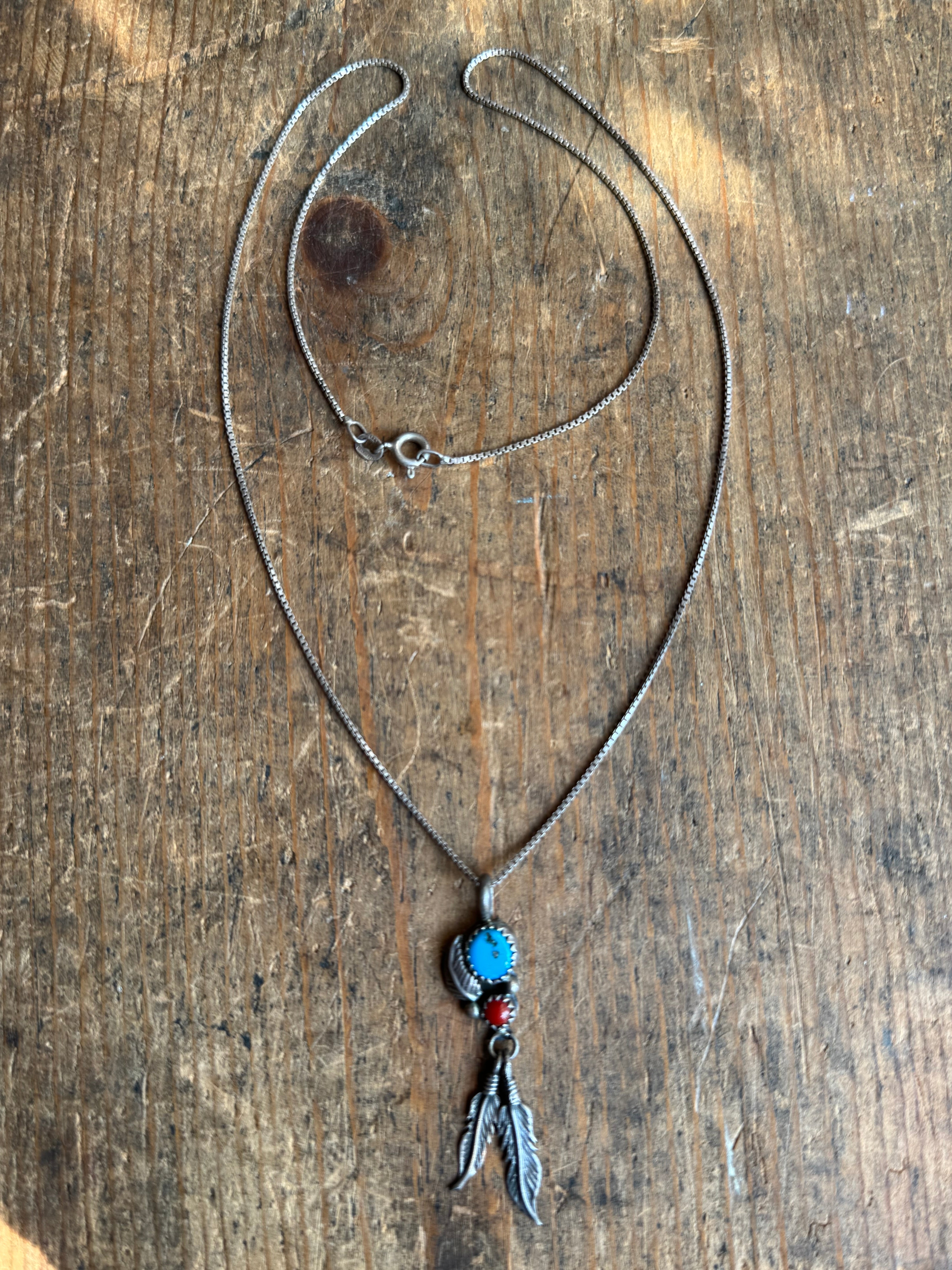 Vintage Sterling Silver Turquoise & Coral Feather 20" Necklace