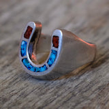 Vintage Sterling Turquoise and Coral Inlay Horseshoe Ring 4