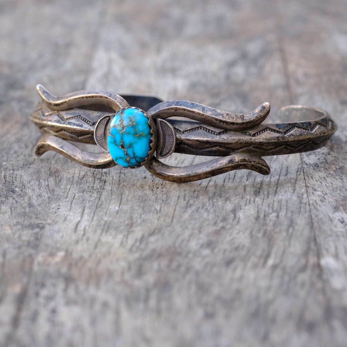 Vintage Sterling Turquoise Stamped Cuff Braceletx