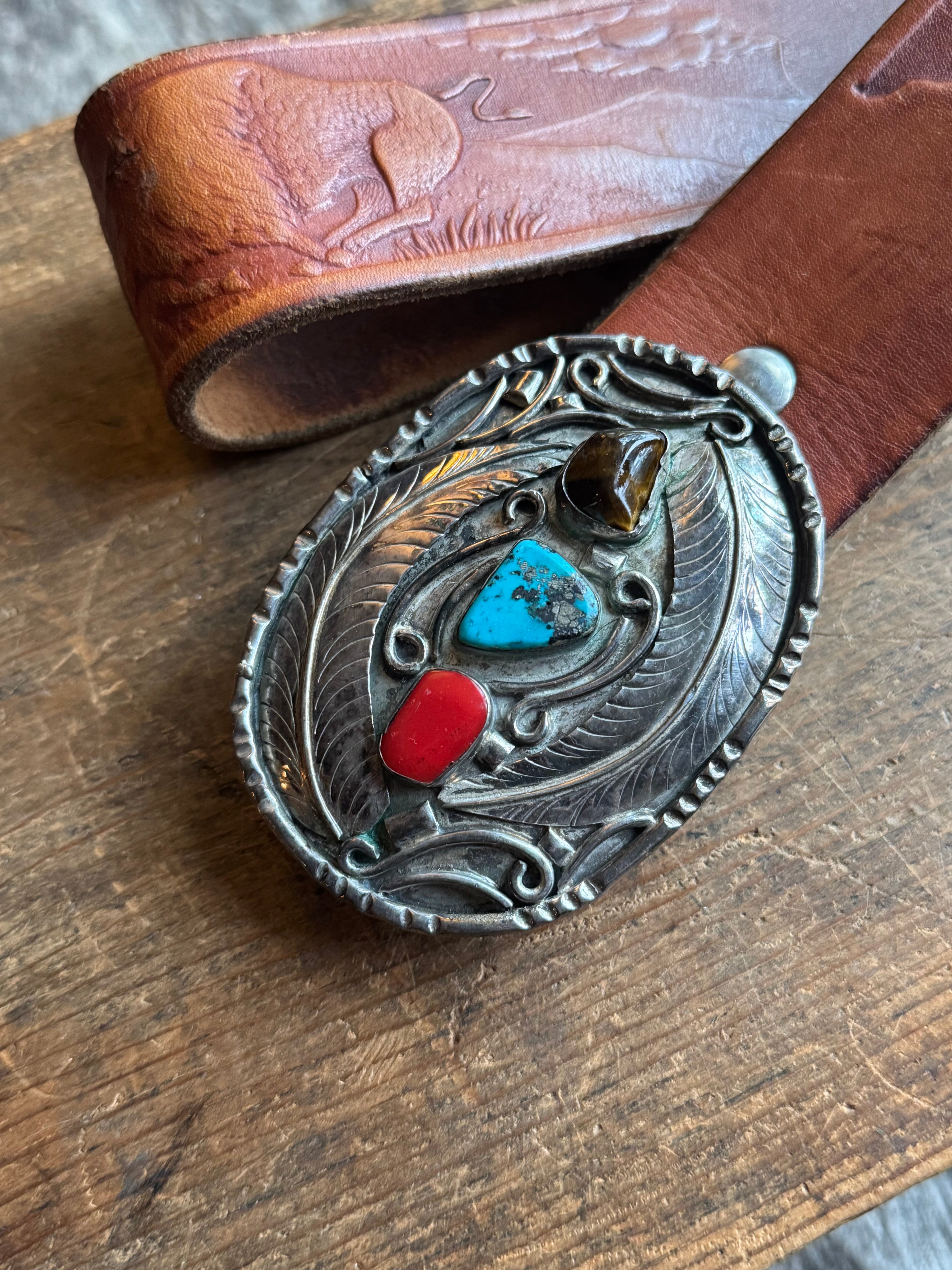 Vintage Multistone Belt Buckle & Hand Tooled Buffalo Leather Belt