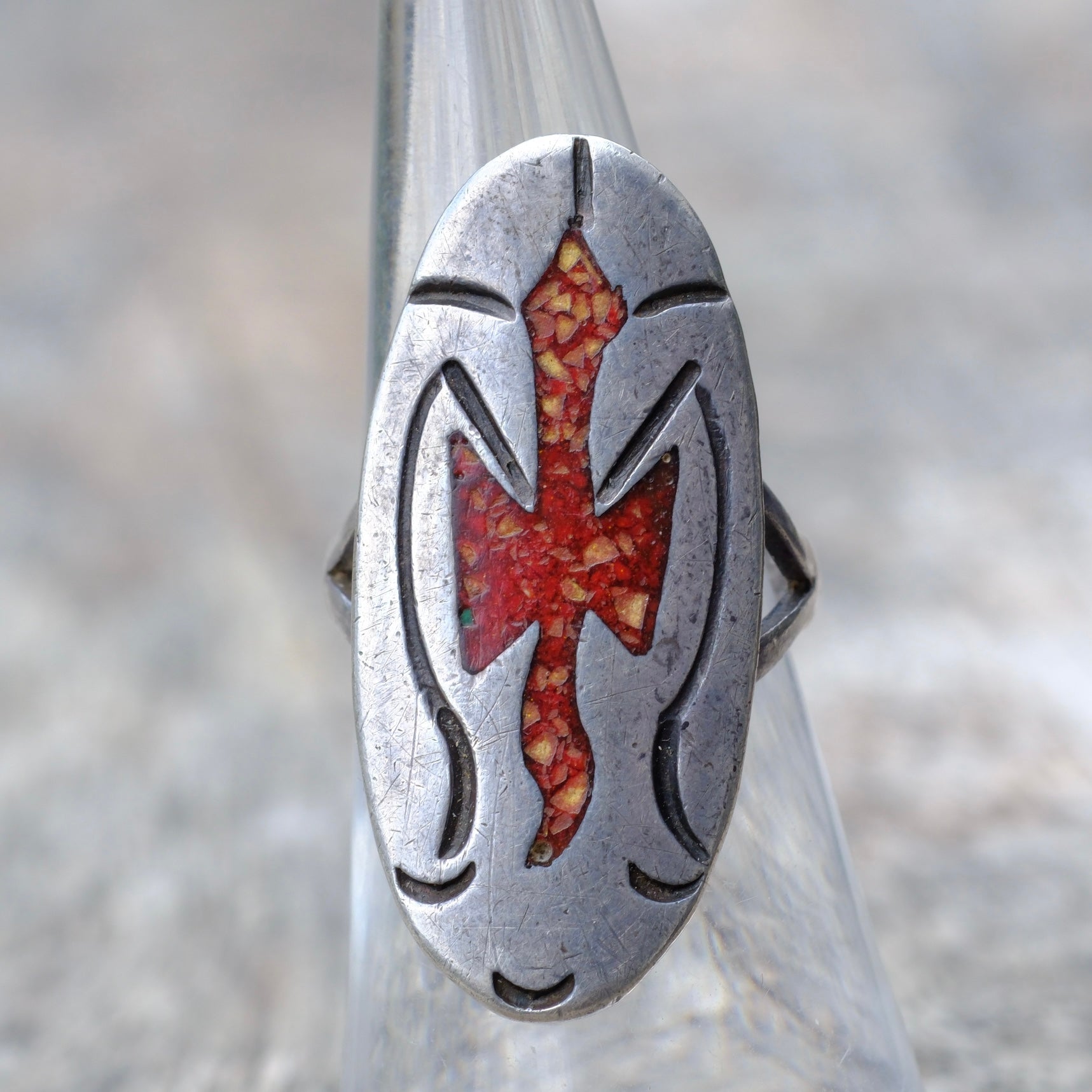 Vintage Sterling Silver Coral Inlay Peyote Bird Ring 5.75
