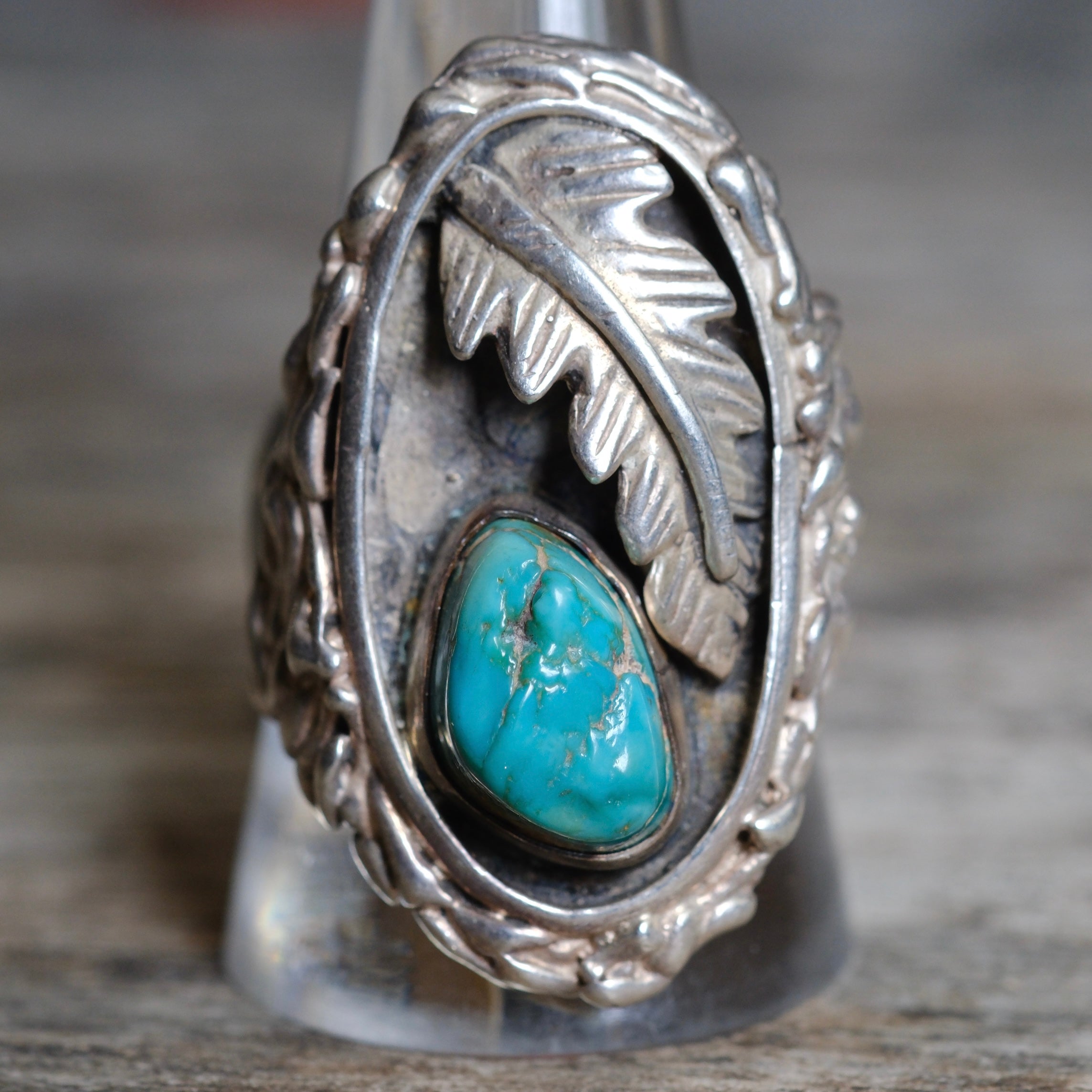 Vintage Sterling Turquoise Feather Ring 10.25
