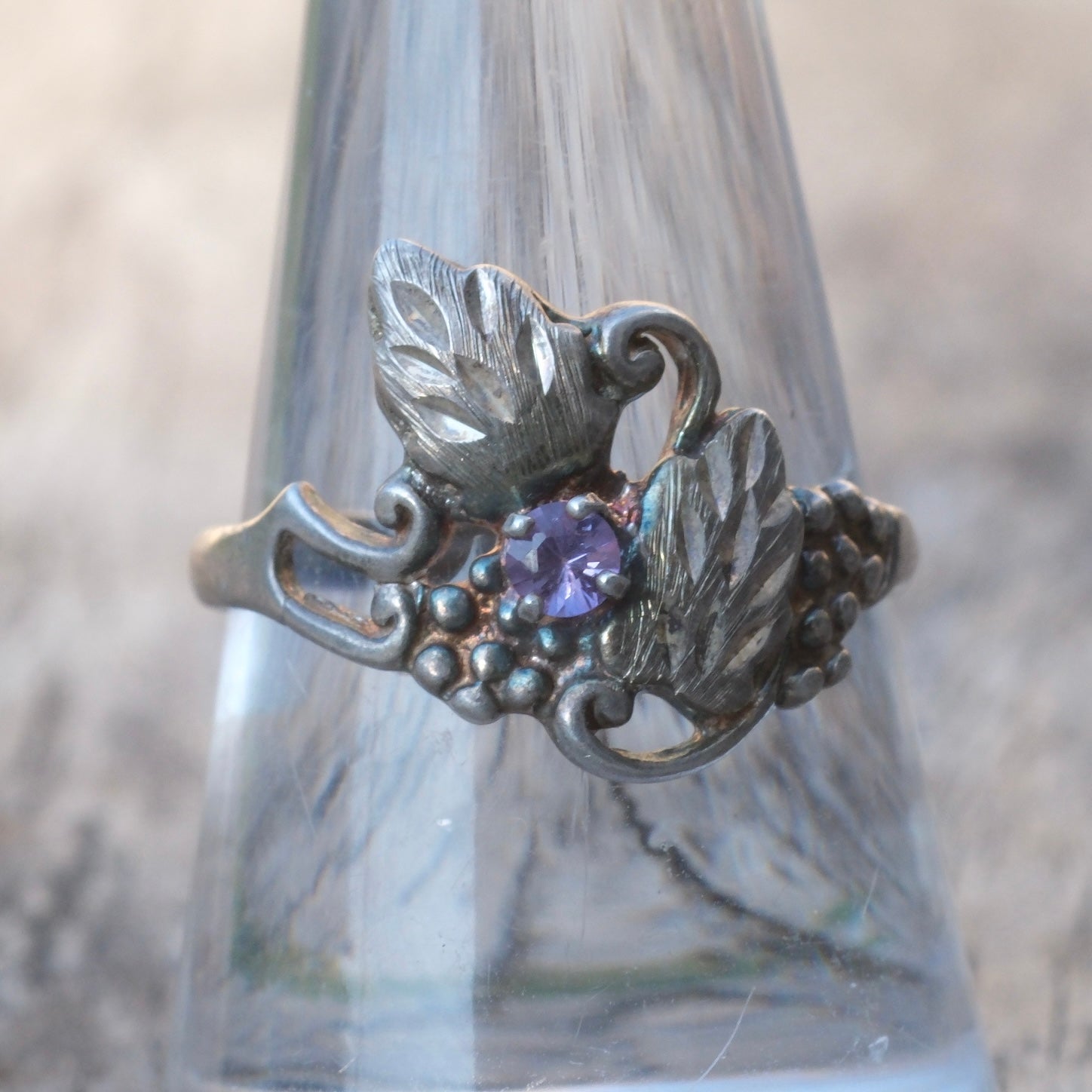 Vintage Sterling Silver Amethyst Leaf Ring 9