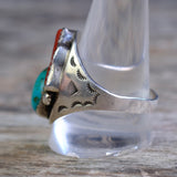 Vintage Sterling Turquoise and Coral Stamped Band Ring 12.5