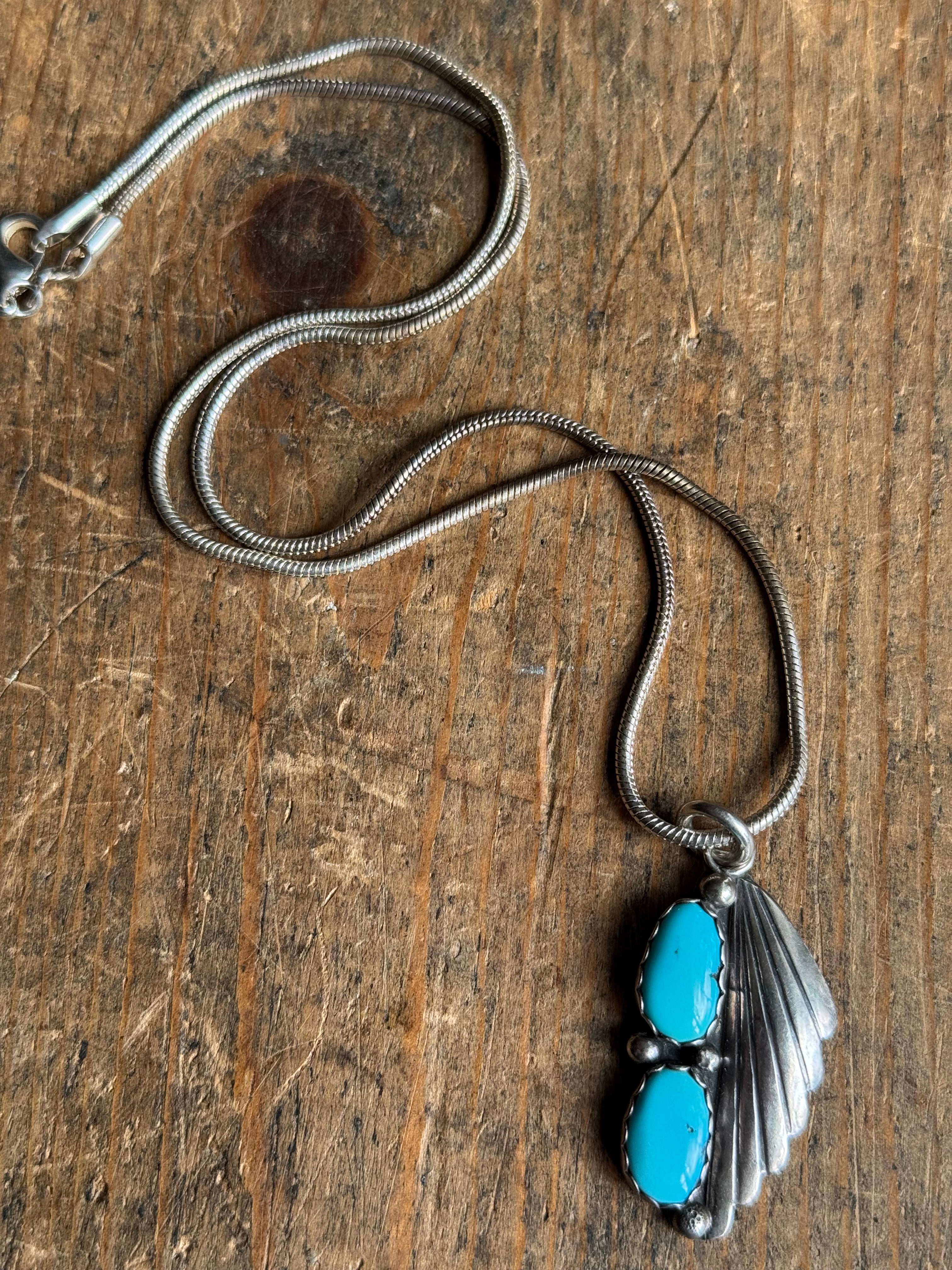 Vintage Sterling Silver Double Turquoise Fan 18" Necklace