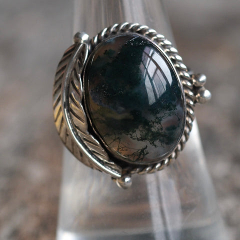 Vintage Sterling Agate Feather Ring 7.25
