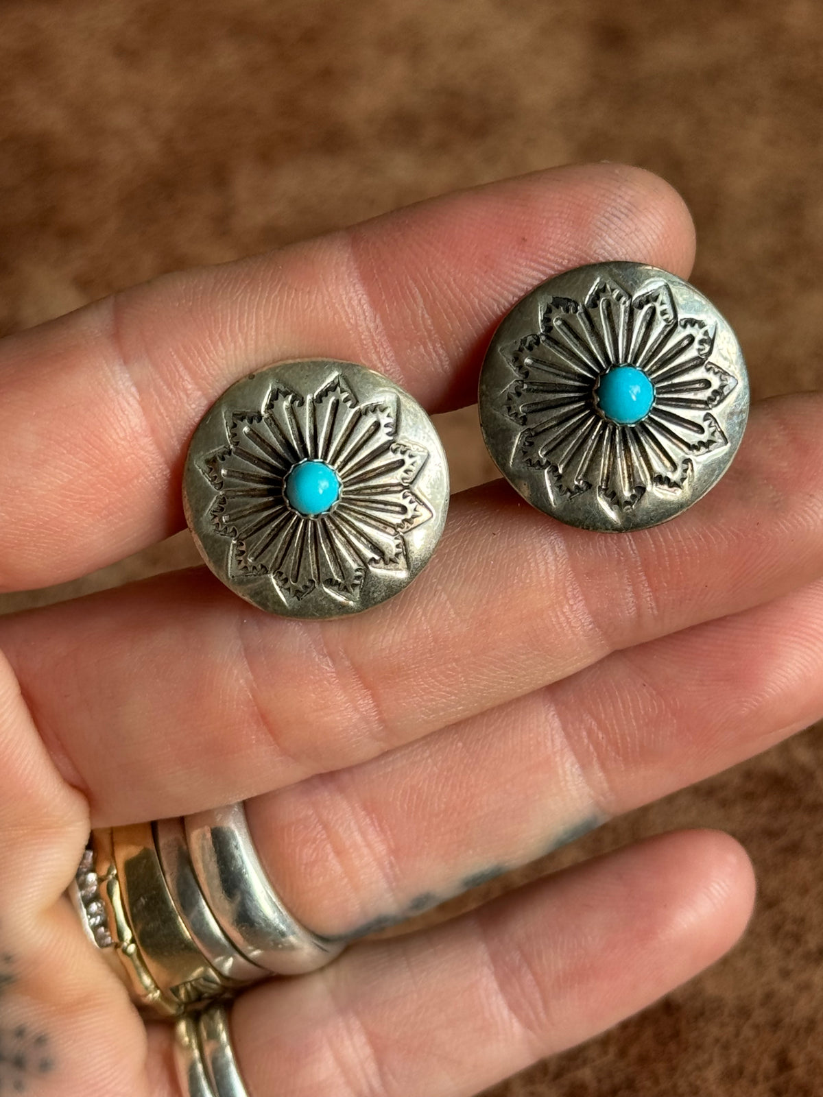 Vintage Sterling Silver Stamped Turquoise Concho Cufflinks