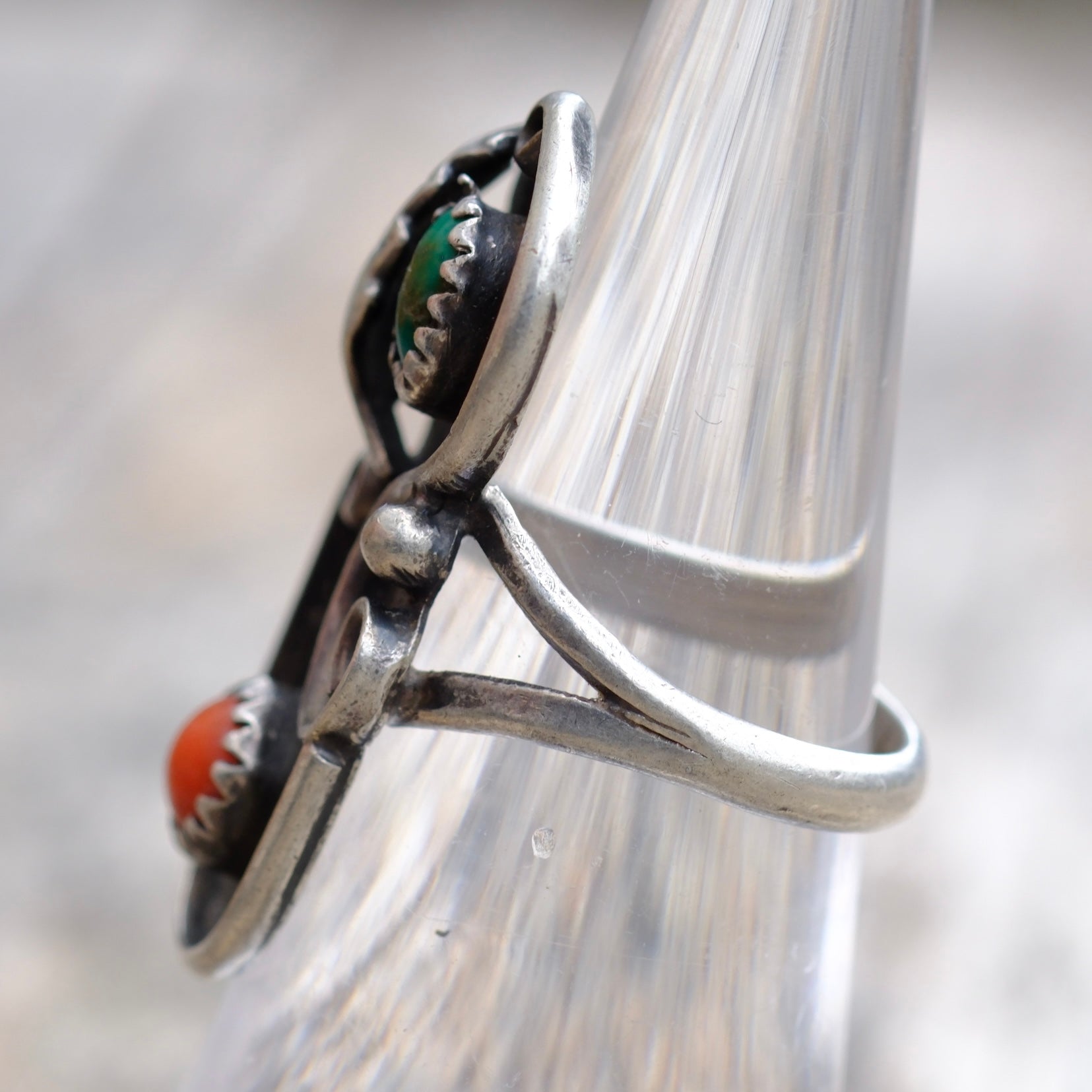 Vintage Sterling Turquoise and Coral Feather Ring 5.25