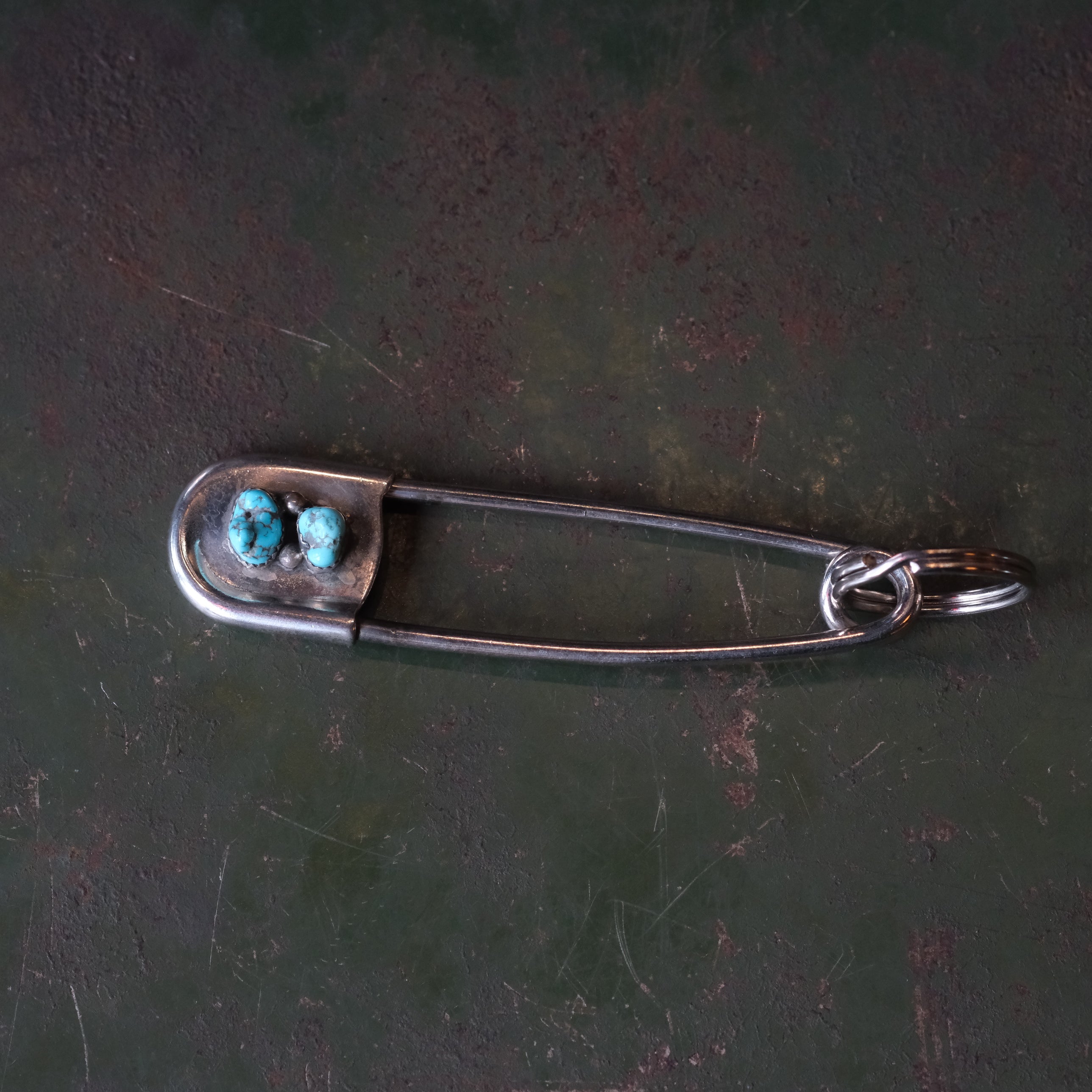 Vintage 2-Stone Turquoise Safety Pin Keychain 3"