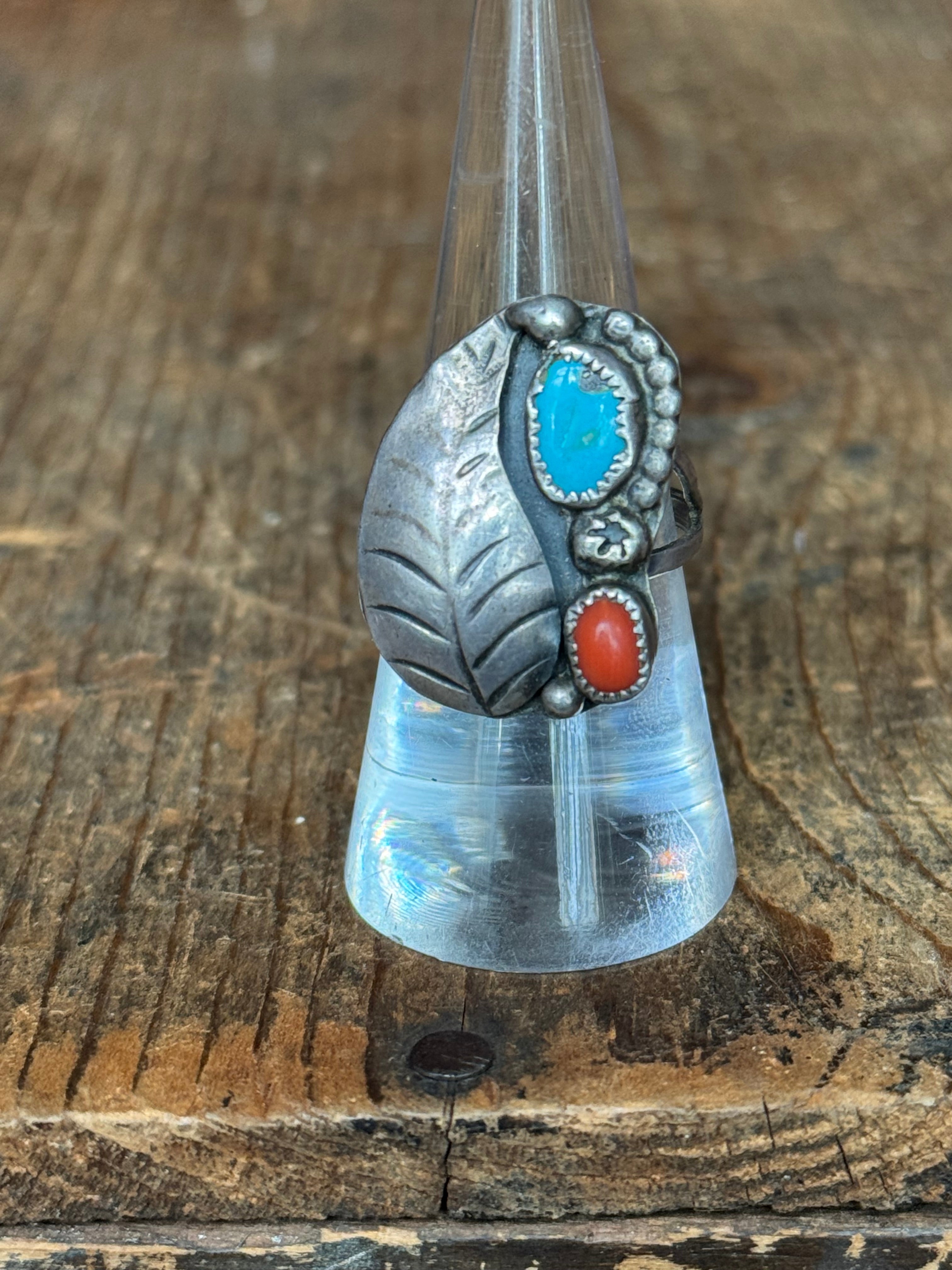 Vintage Sterling Silver Coral & Turquoise Feather Ring 7.25