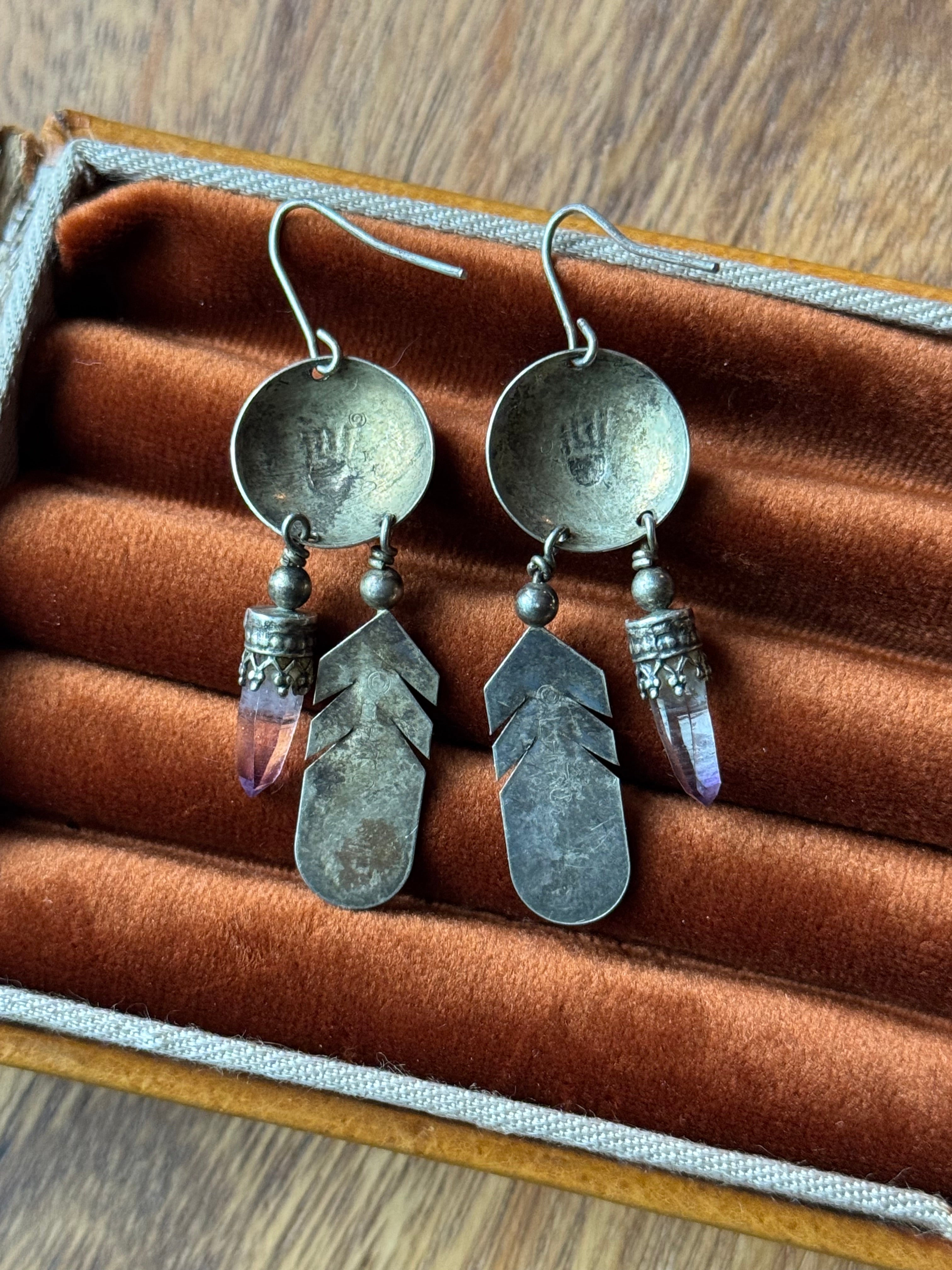 Vintage Sterling Silver Stamped Quartz Dreamcatcher Earrings
