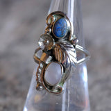 Vintage Sterling Lapis and Mother Of Pearl Feather Ring 6.75