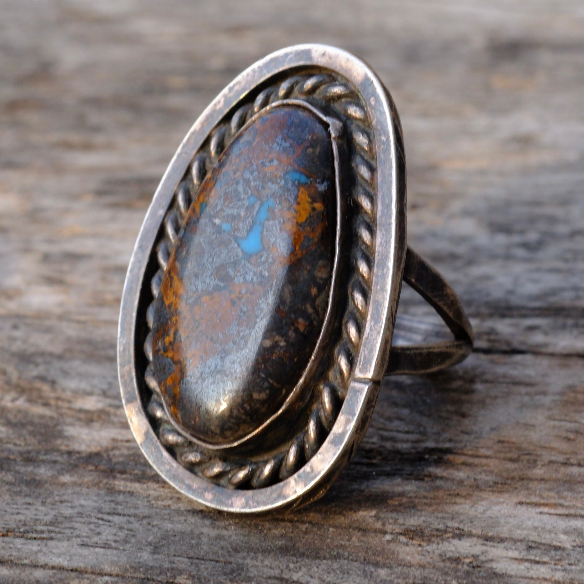Vintage Sterling Bisbee Turquoise Roper Ring 6.75
